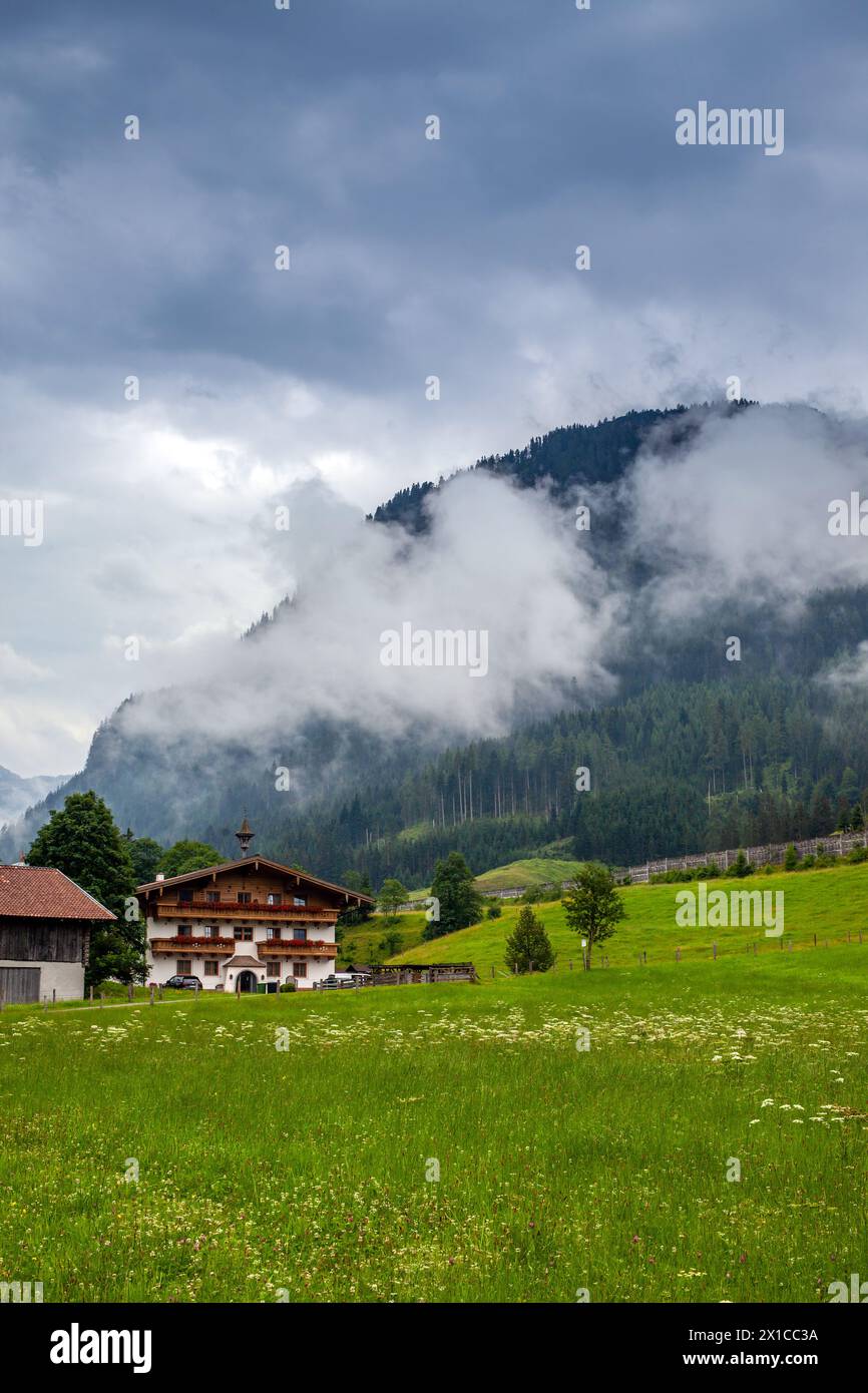 Almwiesen und Chalet in Flachau, Österreich, mit nebeligen Bergen. Stockfoto