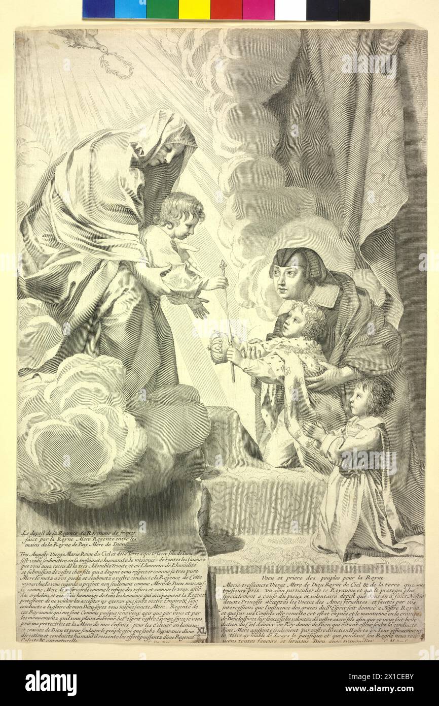 Ludwig XIV., König von Frankreich, Ludwig XIV. Als Kind, das nach dem Tod seines Vaters 1643 die Insignien seiner königlichen würde (Krone, Zepter) als Zeichen der Lehre vom göttlichen Recht aus den Händen des Jesusjungen, zeitgenössischer Stich von Claude Mellan, - 20110527 PD0204 - Rechteinfo: verwaltete Rechte (RM) Stockfoto