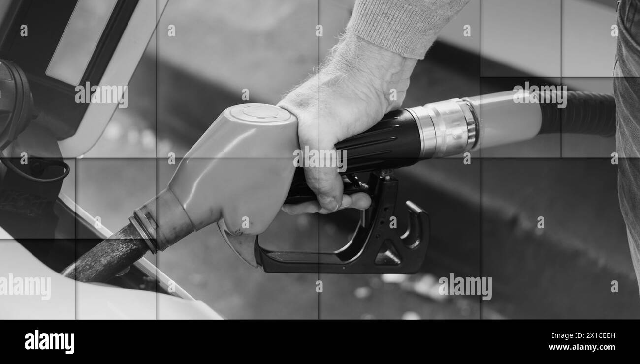 Gelbe Kraftstoffpumpendüse mit Handgriff und Nachfüllfahrzeug, geometrisches Muster Stockfoto