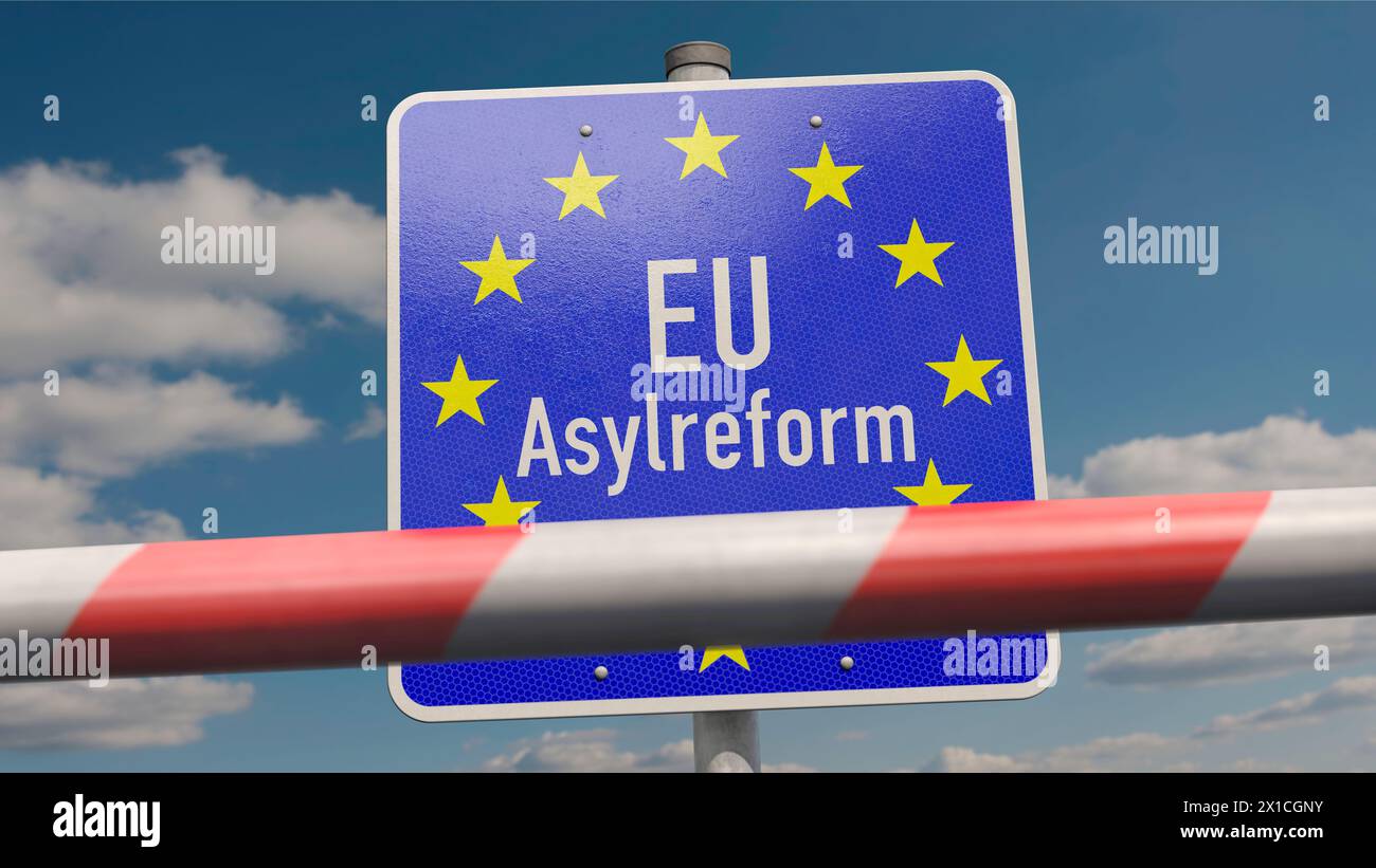 Info-Schild EU-Asylreform Stockfoto
