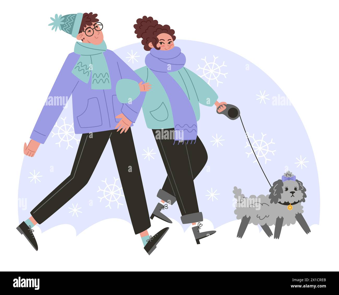 Junge Paare, die im Winter mit einem kleinen Hund laufen Stock Vektor