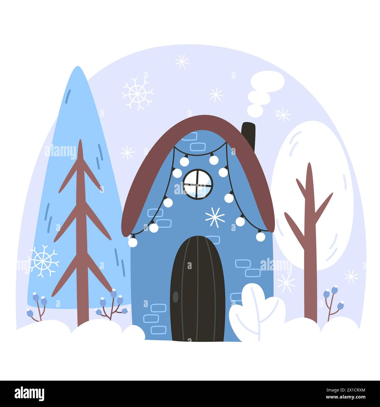 Winterlandschaft mit einem Haus in einem verschneiten Wald Stock Vektor