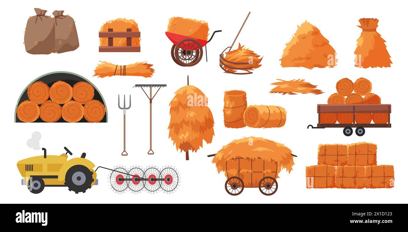 Sammlung, Lagerung und Transport von trockenem Heu und Stroh. Heuhaufen von Weizen oder Gras von runder und quadratischer Form, Heuboden und Heugabel, Traktor und Schubkarre Cartoon Vektor Illustration Stock Vektor