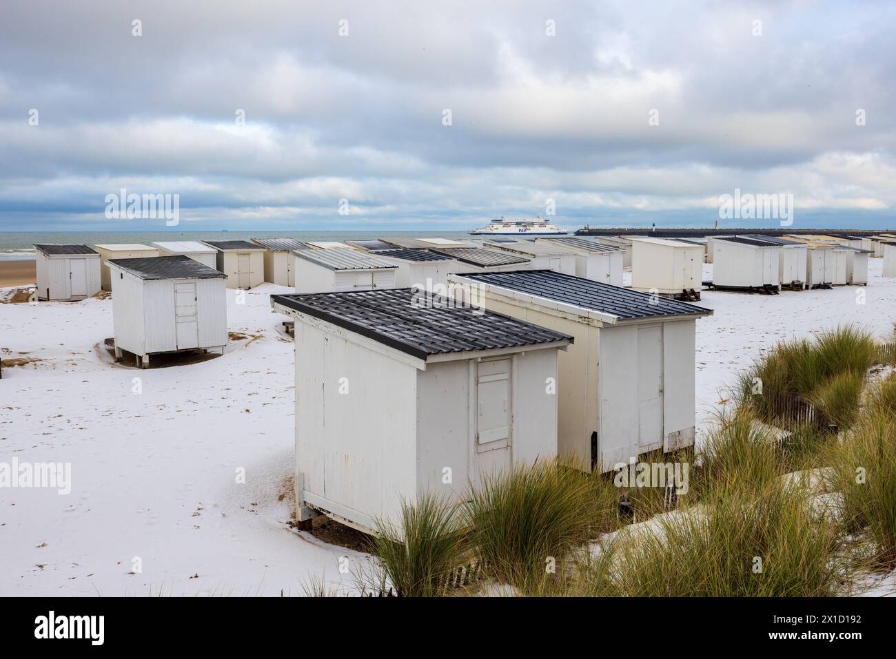 Les Chalets de Calais sous la neige, Frankreich, Cote d'opale Stockfoto