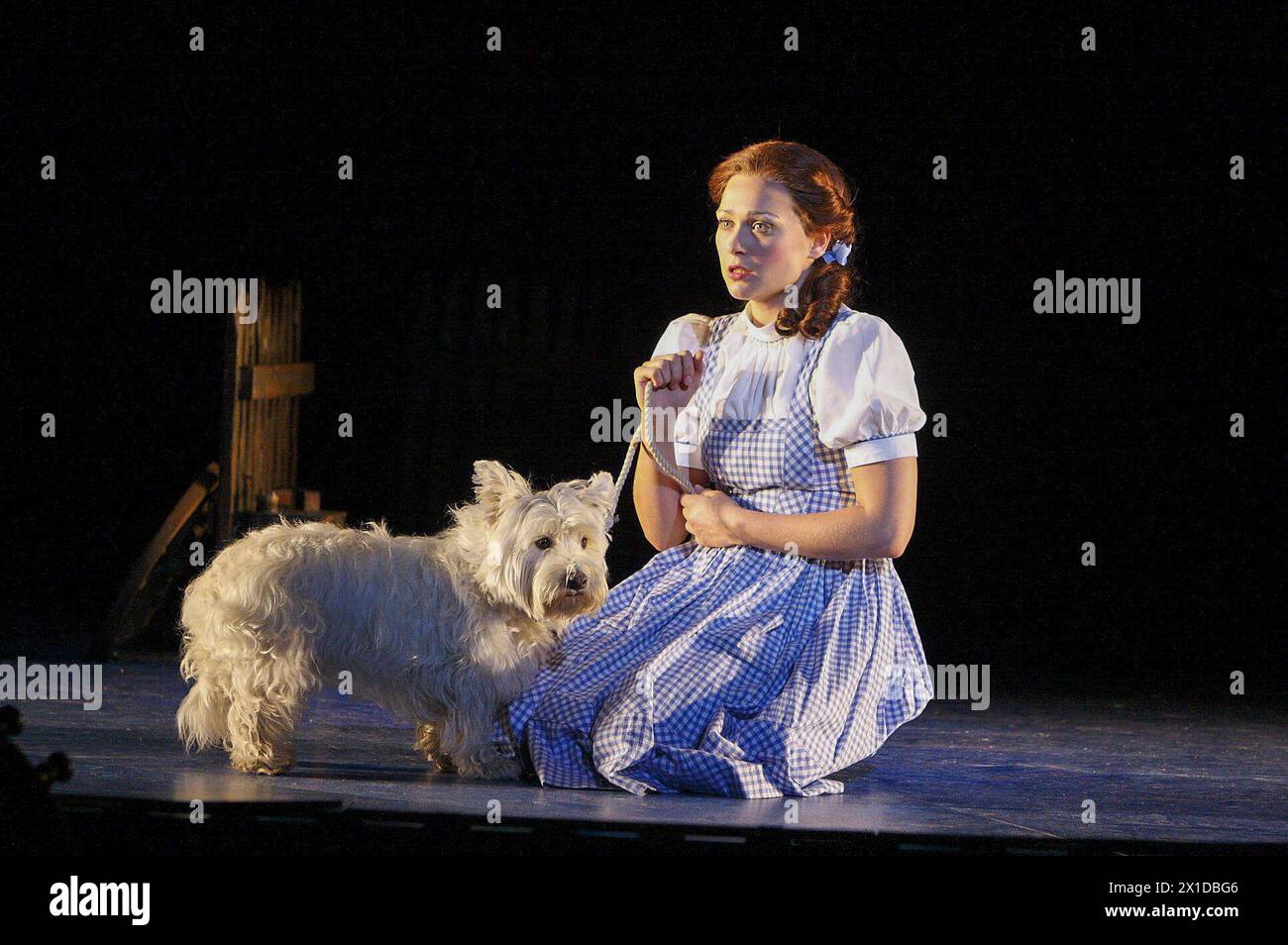 Sian Brooke (Dorothy Gale) mit Bobby als „Toto“ in THE WIZARD OF OZ in der Royal Festival Hall, Southbank Centre, London SE1 29/07/2008 nach dem Roman von L. Frank Baum Musik & Text: Harold Arlen & E. Y. Harburg adaptiert von John Kane für das RSC Design: Michael Vale Beleuchtung: Mike Gunning Choreographie: Nick Winston Regisseur: Jude Kelly Royal Festival Hall (RFH), Southbank Centre, London SE1 29/07/2008 Stockfoto