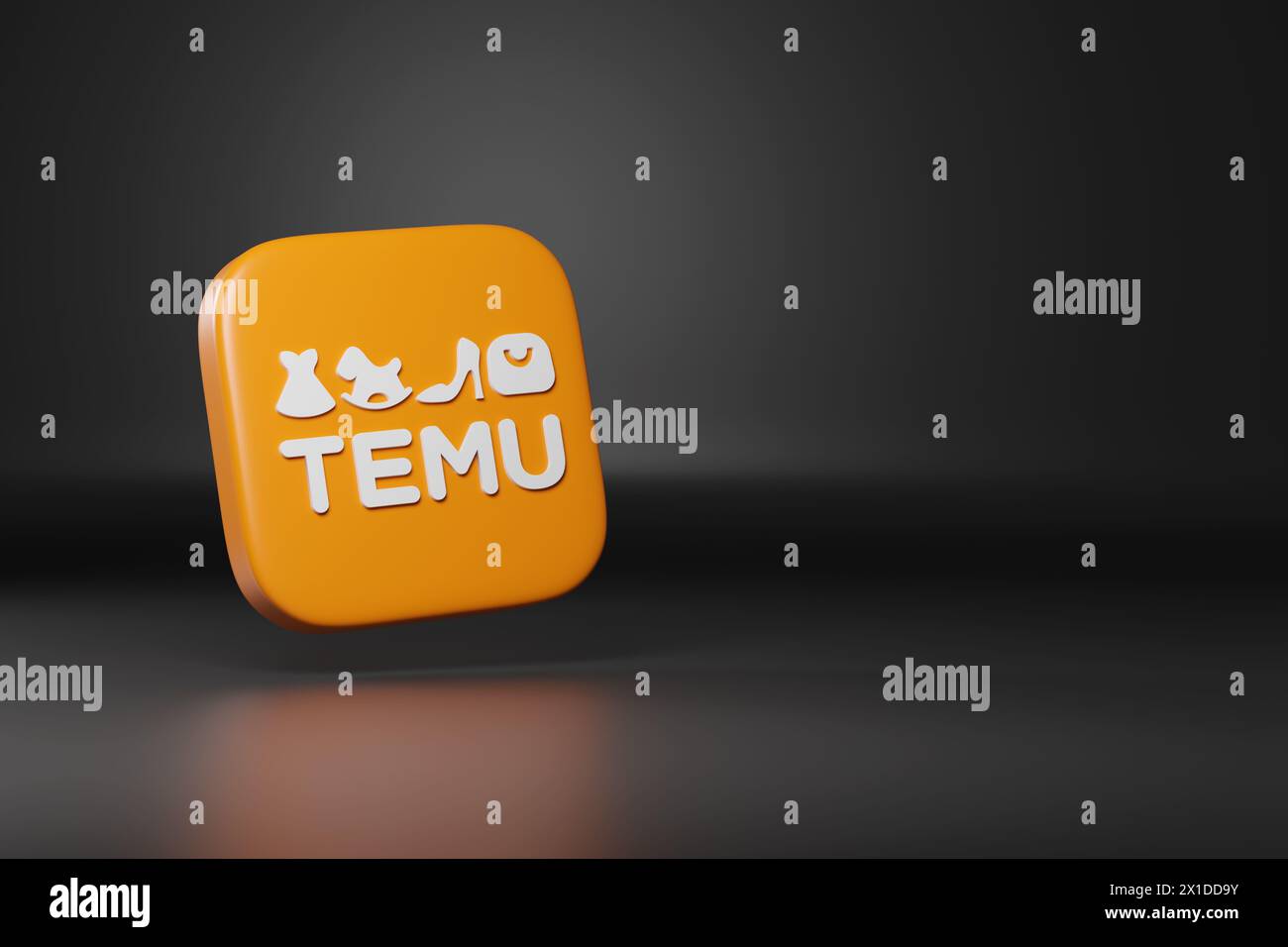 Buenos Aires, Argentinien - 3. April 2024: Temu-Logo in drei Dimensionen mit Kopierraum. 3D-Abbildung. Stockfoto