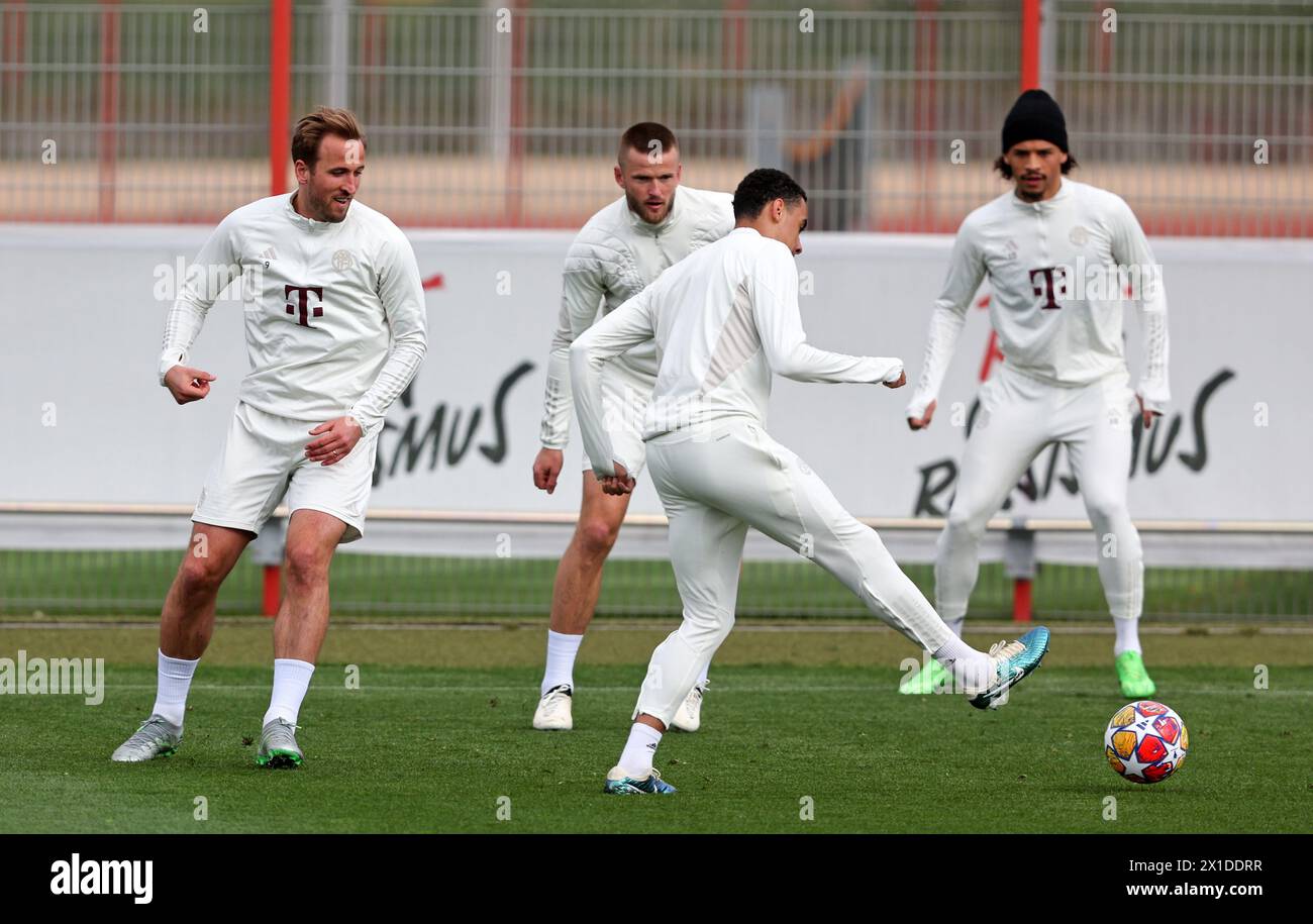 MÜNCHEN, DEUTSCHLAND - 16. APRIL: Harry Kane von Bayern München Eric Dier von Bayern München Jamal Musiala von Bayern München und Leroy Sane von Bayern München in Aktion beim FC Bayern München Training Session am 16. April 2024 in München. © diebilderwelt / Alamy Live News Stockfoto