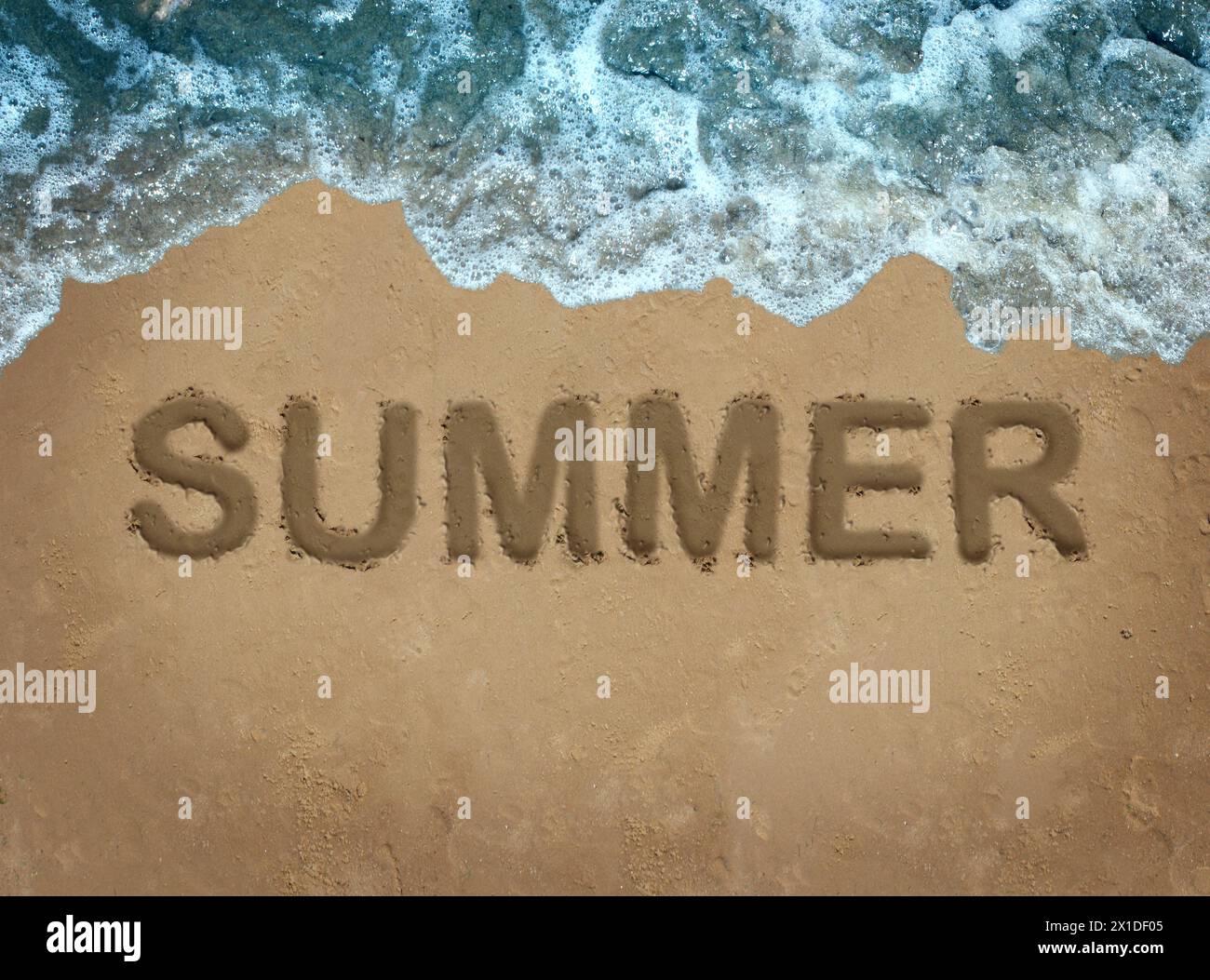 Sommerstrand als heißes saisonales Banner und lustige Party Hintergrund für Urlaub und Reise Urlaub Festival für Juni Juli August Monate als Wellen von der Stockfoto