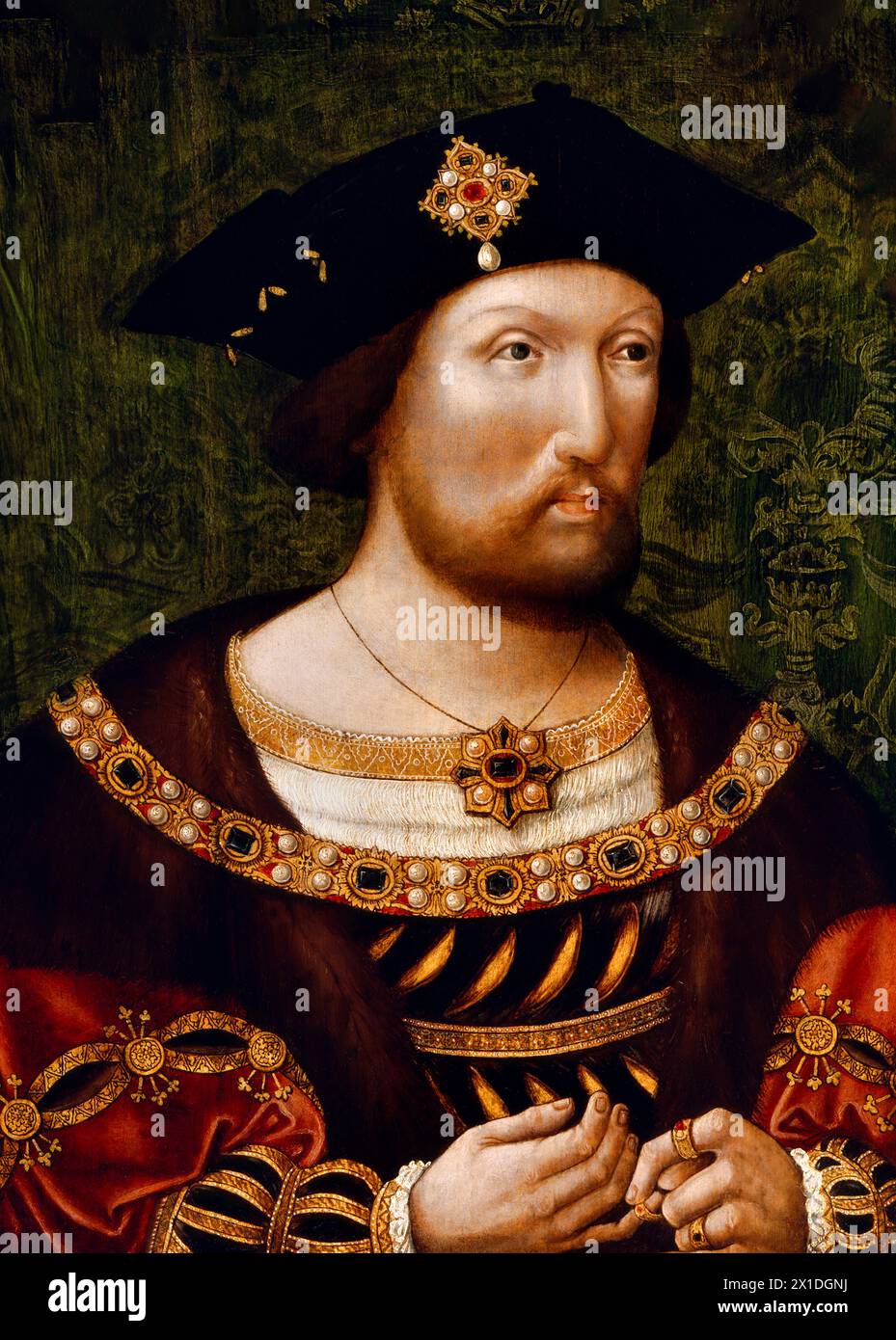 König Heinrich VIII. (1491–1547) als junger Mann, zur Zeit des Feldes des des Tuchs des Goldes, unbekannter Künstler, Öl auf Platte, um 1520 Stockfoto