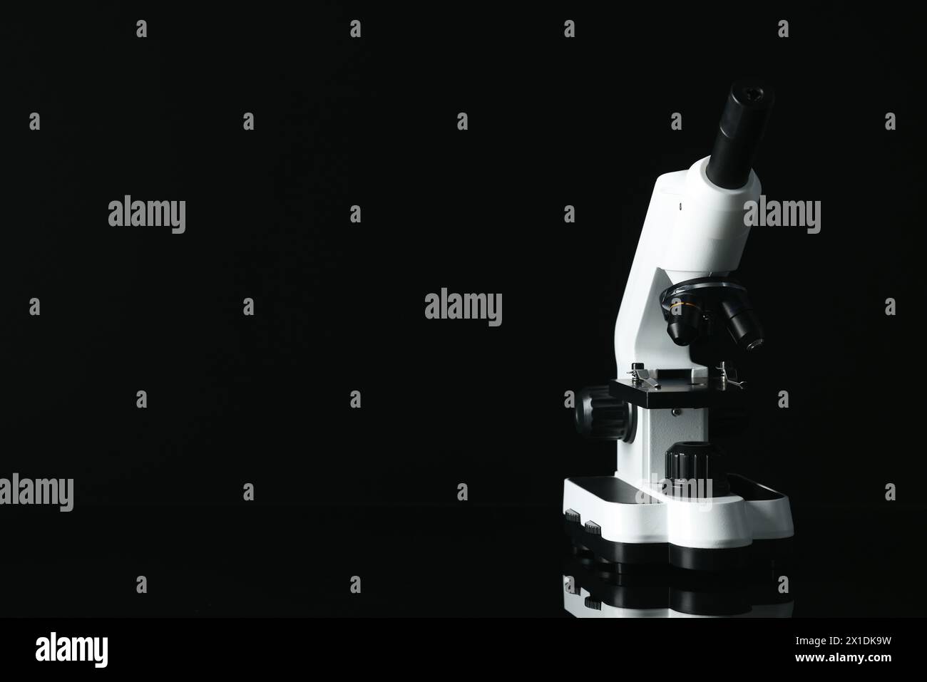 Modernes Mikroskop auf schwarzer Spiegelfläche, Raum für Text Stockfoto