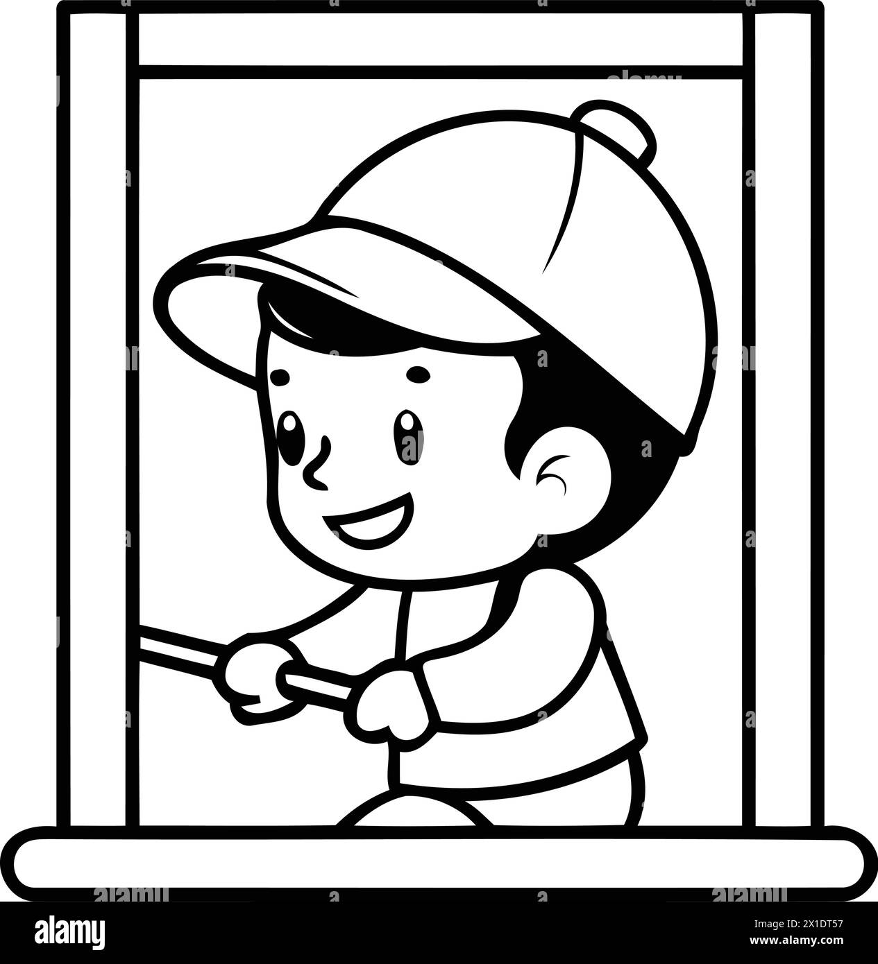 Süßer Junge mit Helm und Handschuhen, der durch das Fenster schaut. Illustration des flachen Vektors. Stock Vektor