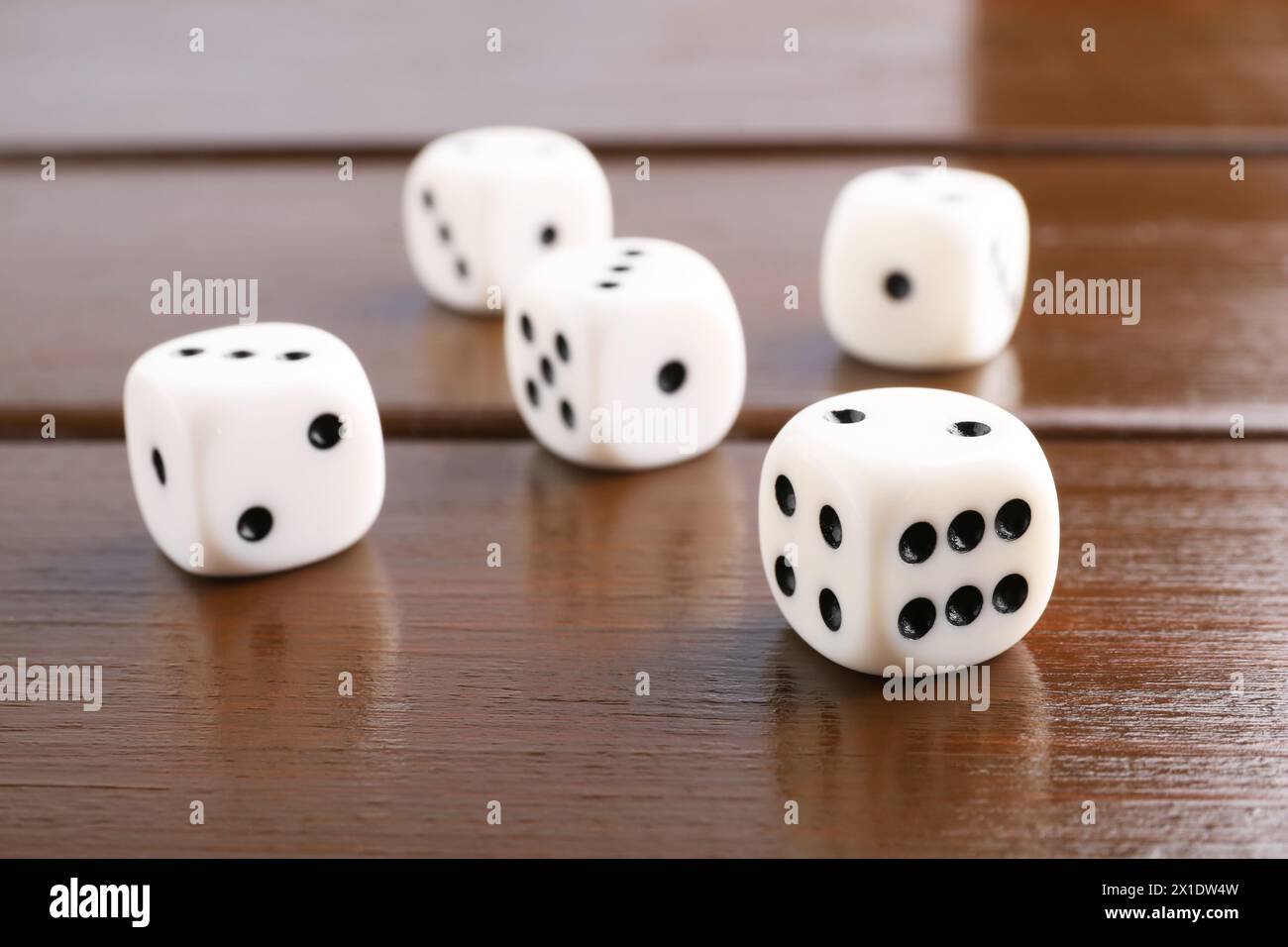 Viele weiße Wildwürfel auf Holztisch, Nahaufnahme Stockfoto