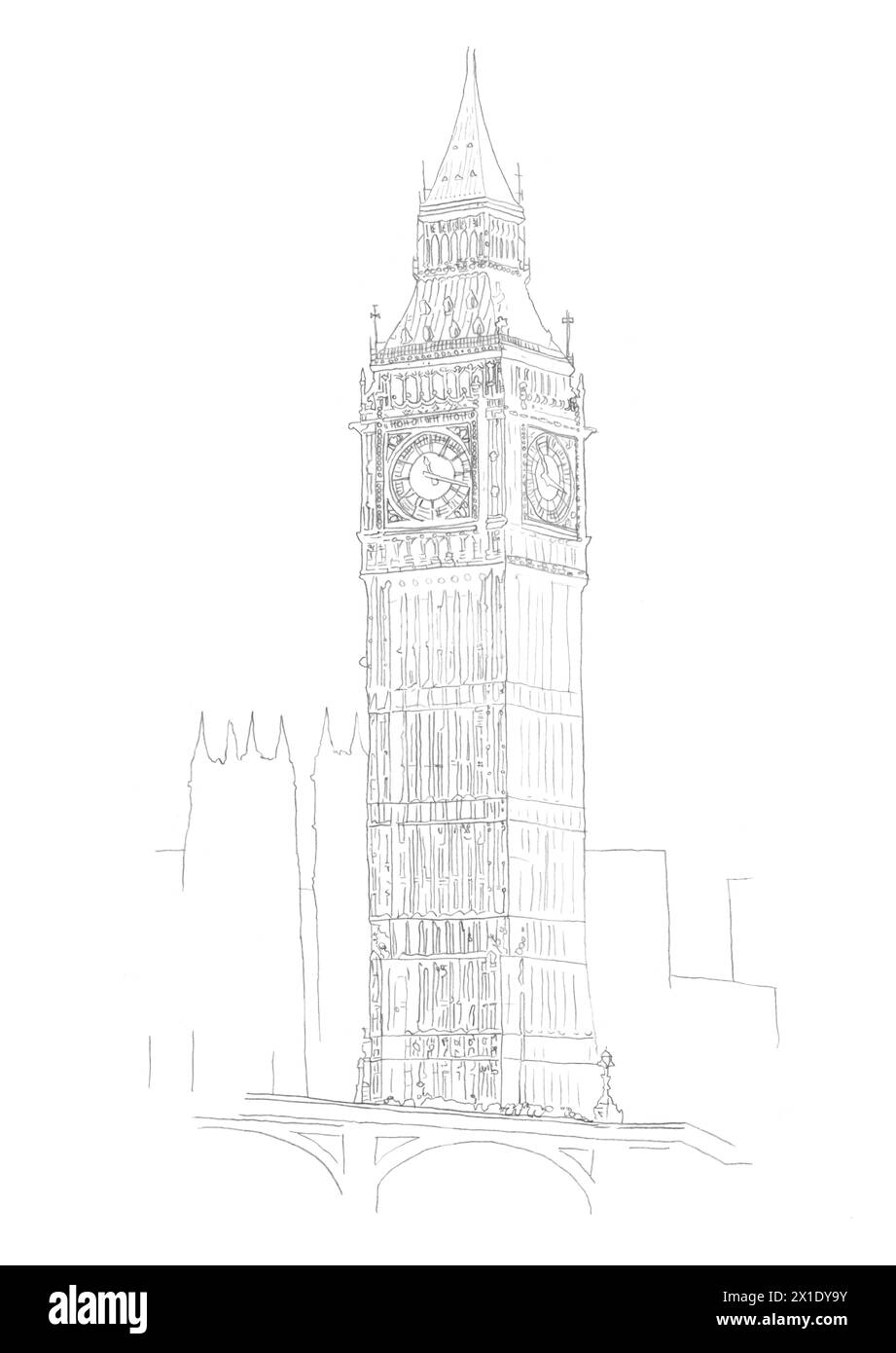 Architekturstiftzeichnung von Big Ben / St Stephen's / Elizabeth Tower Gebäude in Westminster, London, Großbritannien Stockfoto