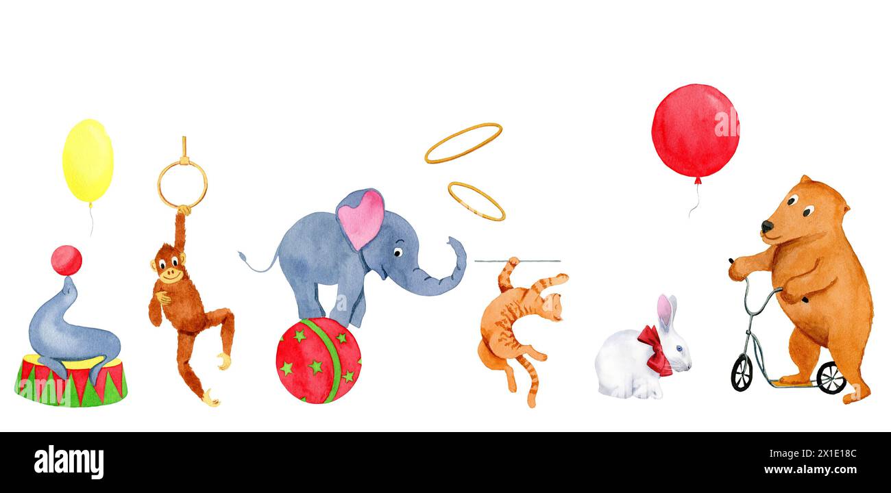 Nahtlose Grenze mit Zirkustieren: Elefant, Kaninchen, Bär, Katze, Affe und Robbe mit Ringen, Ballons auf weißem Hintergrund. Stockfoto