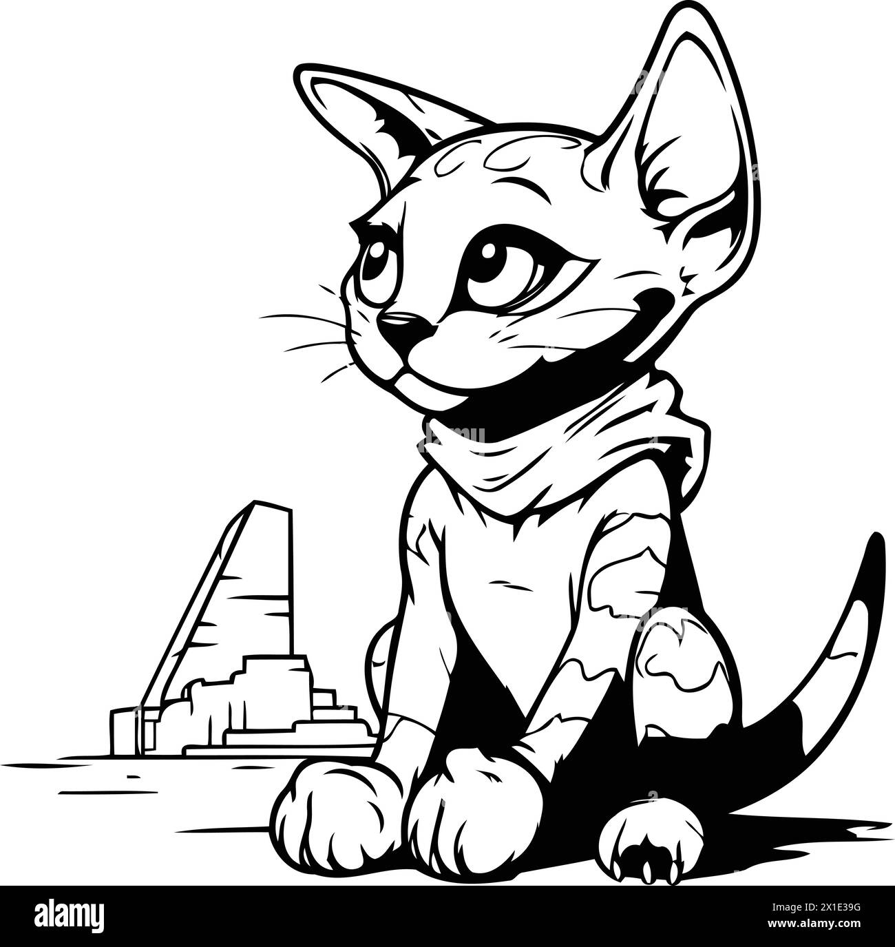 Niedliche Katze, die auf dem Hintergrund ägyptischer Pyramiden sitzt. Vektorabbildung Stock Vektor
