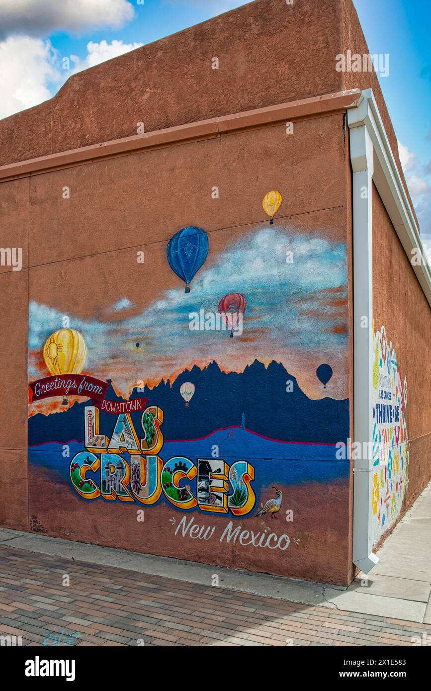 Wandkunst - Grüße aus der Innenstadt von Las Cruces, New Mexico Stockfoto