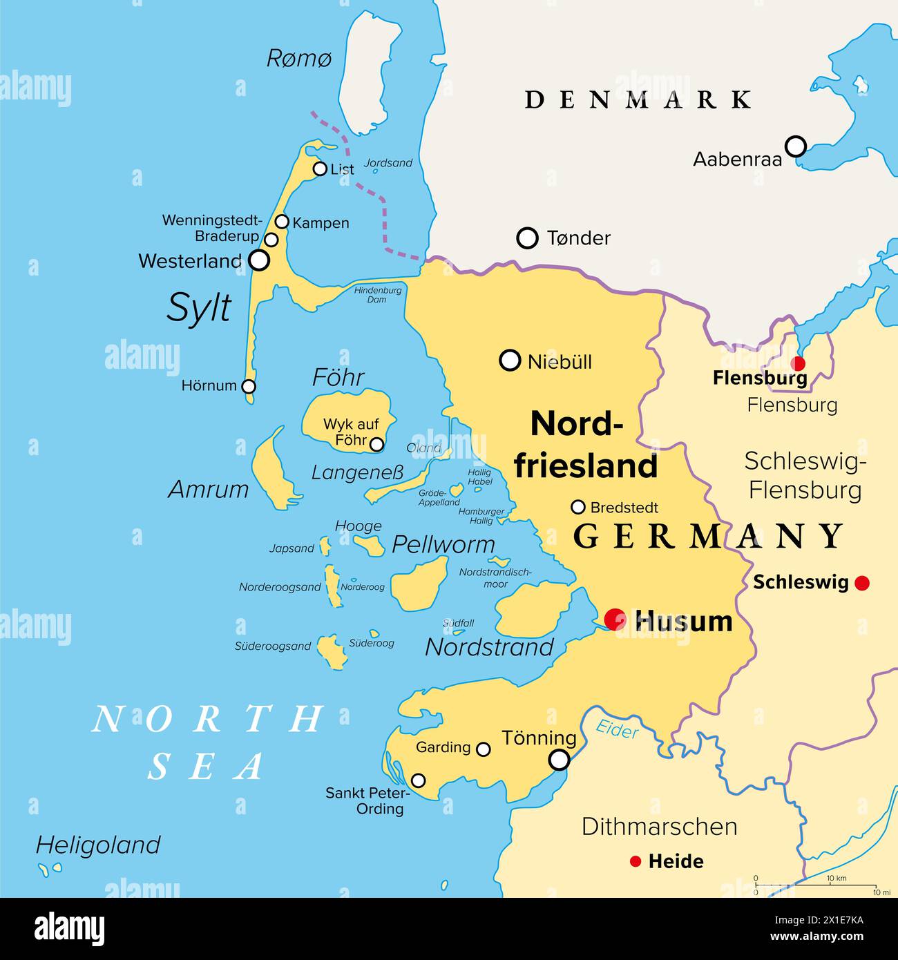 Nordfriesland oder Nordfriesland, politische Karte. Nördlichster Landkreis Deutschlands, Teil von Schleswig-Holstein, mit Hauptstadt Husum. Stockfoto