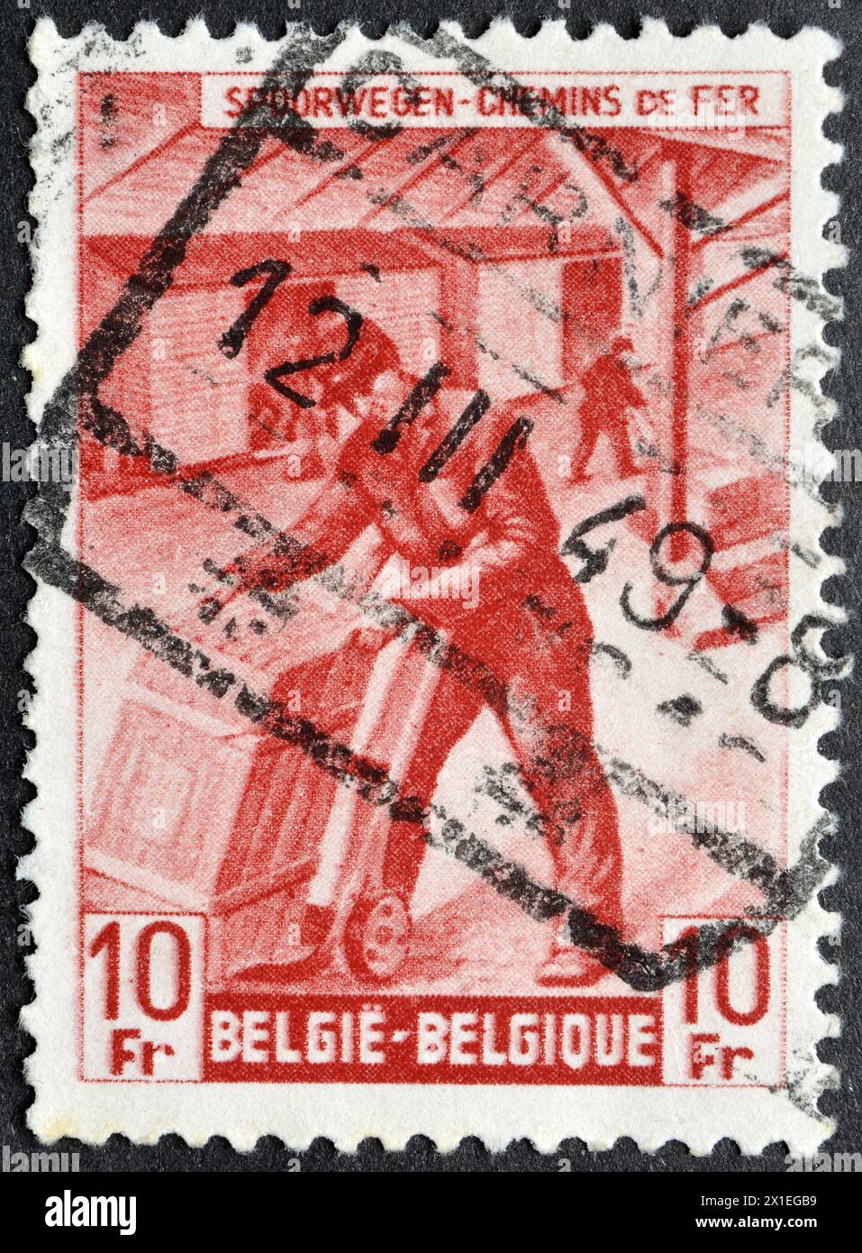 Gestohlene Briefmarke, gedruckt von Belgien, auf der die Bahnmarke: Box-Shipper, um 1949 zu sehen ist. Stockfoto