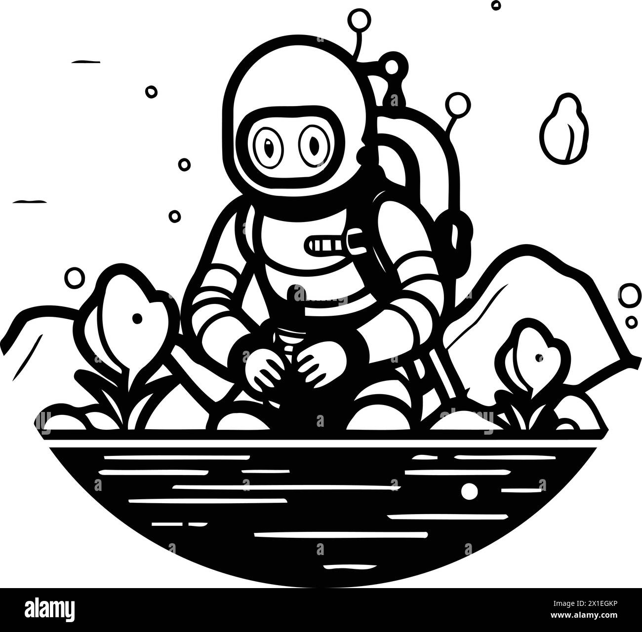 Astronaut sitzt auf dem Grund des Flusses. Vektorabbildung. Stock Vektor