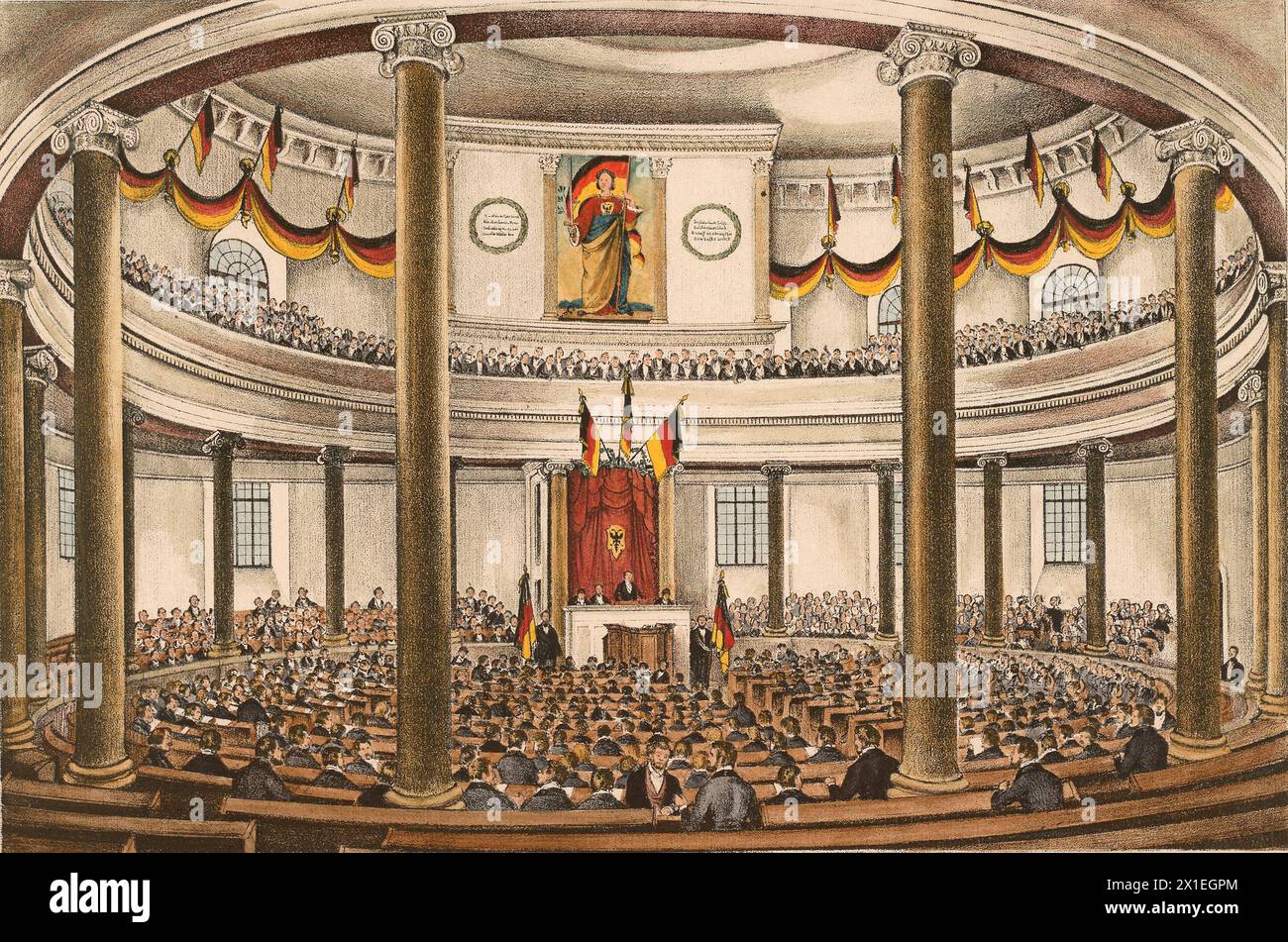 Frankfurter Parlamentssitzung in der Paulskirche mit dem Gemälde 1848–49 (farbiger, zeitgenössischer Stich). Die gelbe Farbe auf der Flagge ist zeitgenössischer Fantasie. Stockfoto