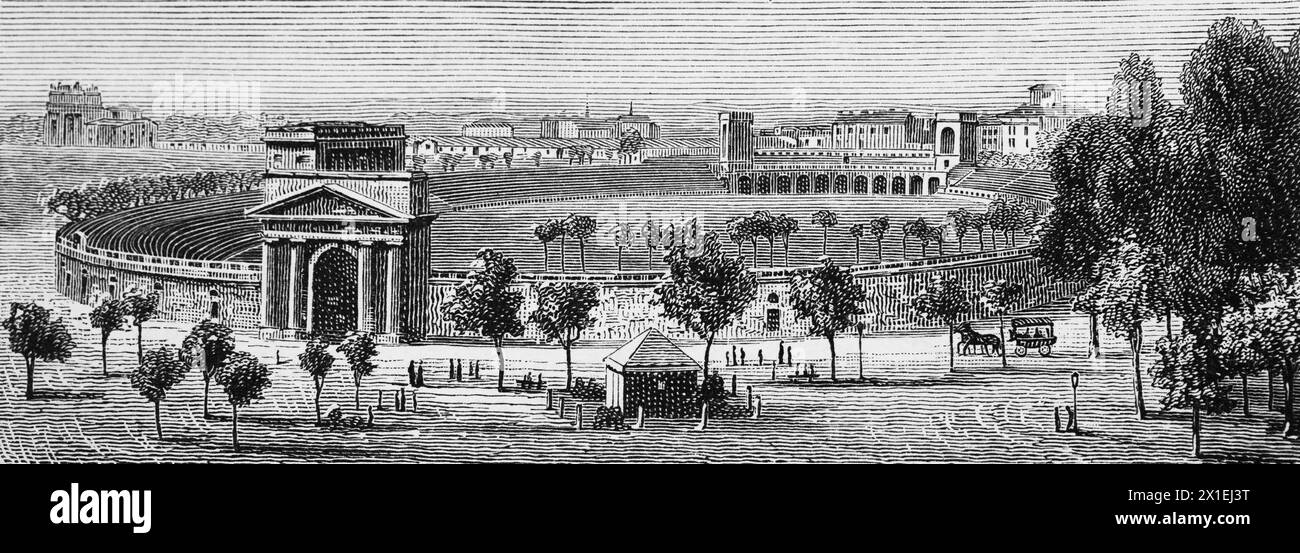 Arena von 1806 erbaut von Luigi Canonica, für Feiern aller Art, Stadt Mailand, Lombardei, Norditalien, historische Illustration 1885 Stockfoto