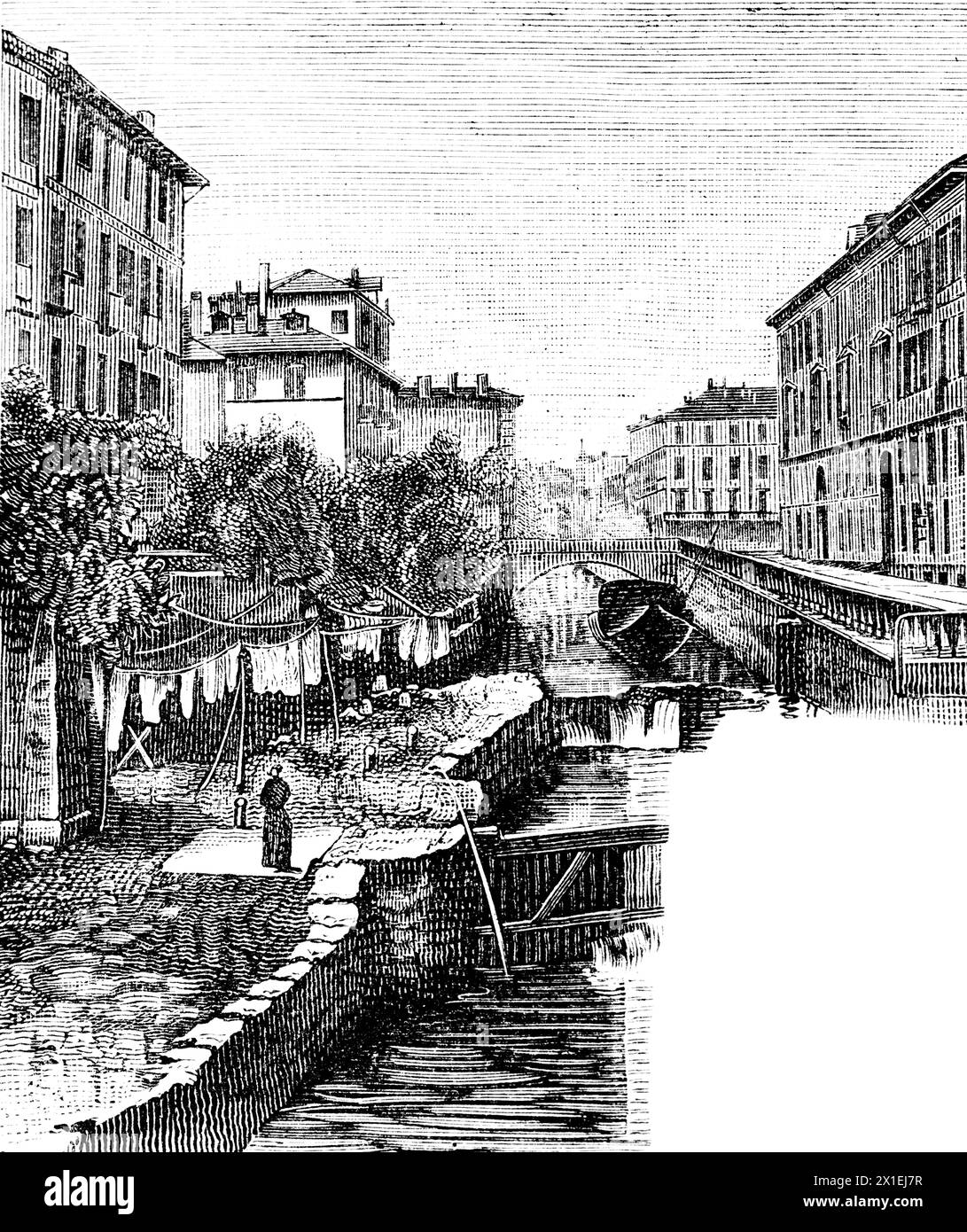 Ponte di Santa Andrea, Canale il Naviglio, Stadt Mailand, Lombardei, Norditalien, historische Anustration 1885 Stockfoto