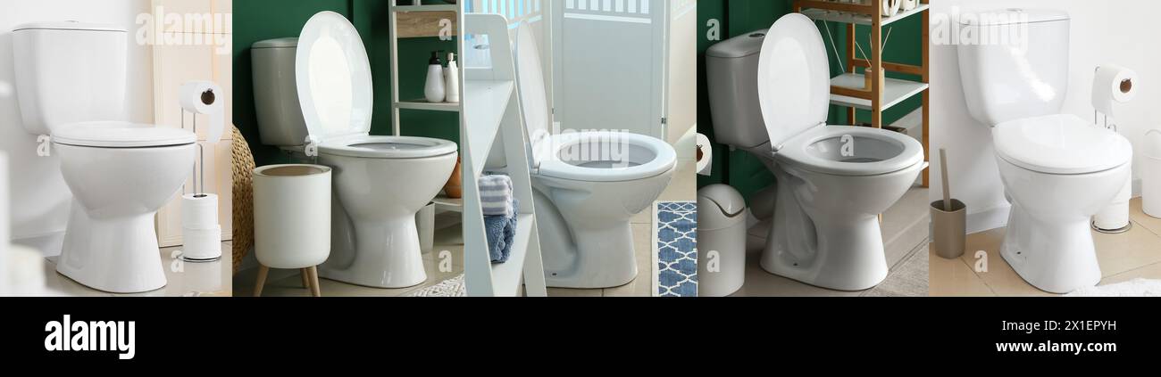 Collage der modernen Einrichtung von Toiletten mit keramischen Toilettenschalen Stockfoto