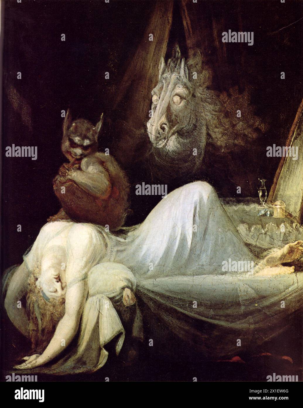 The Nightmare ist ein Ölgemälde des Schweizer Künstlers Henry Fuseli aus dem Jahr 1781. Es zeigt eine Frau im Tiefschlaf mit den Armen unter ihr, und mit einem dämonischen und affenähnlichen Inkubus, der sich auf der Brust hockt. Stockfoto