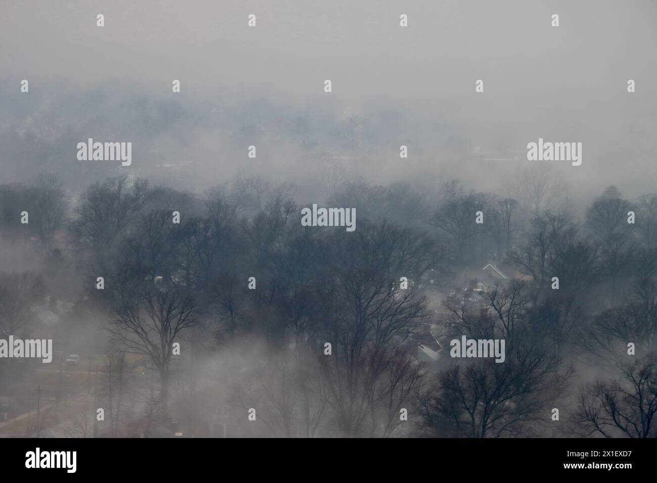 Dicker Nebel, der vom Erie-See in Lakewood, Ohio, hereinbricht. Stockfoto