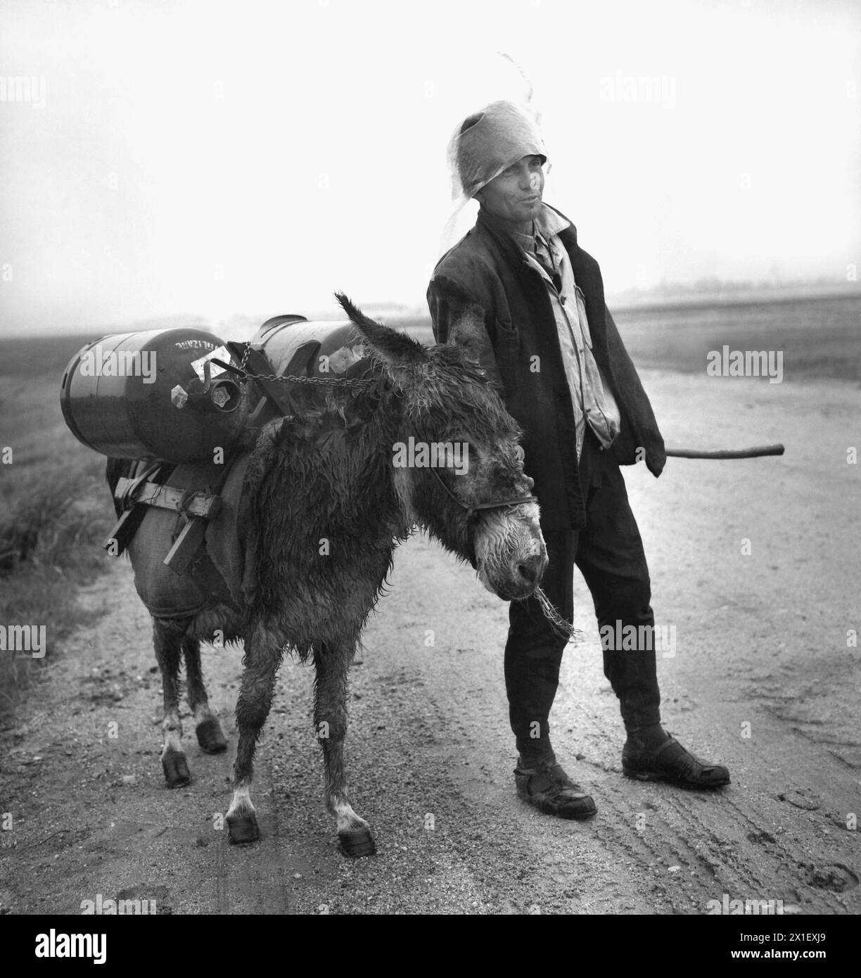 Die Sozialistische Republik Rumänien in den 1970er Jahren Mann, der zwei Propangasflaschen auf einem Esel transportiert, im Regen, auf einer unbefestigten, matschigen Straße im Land. Stockfoto