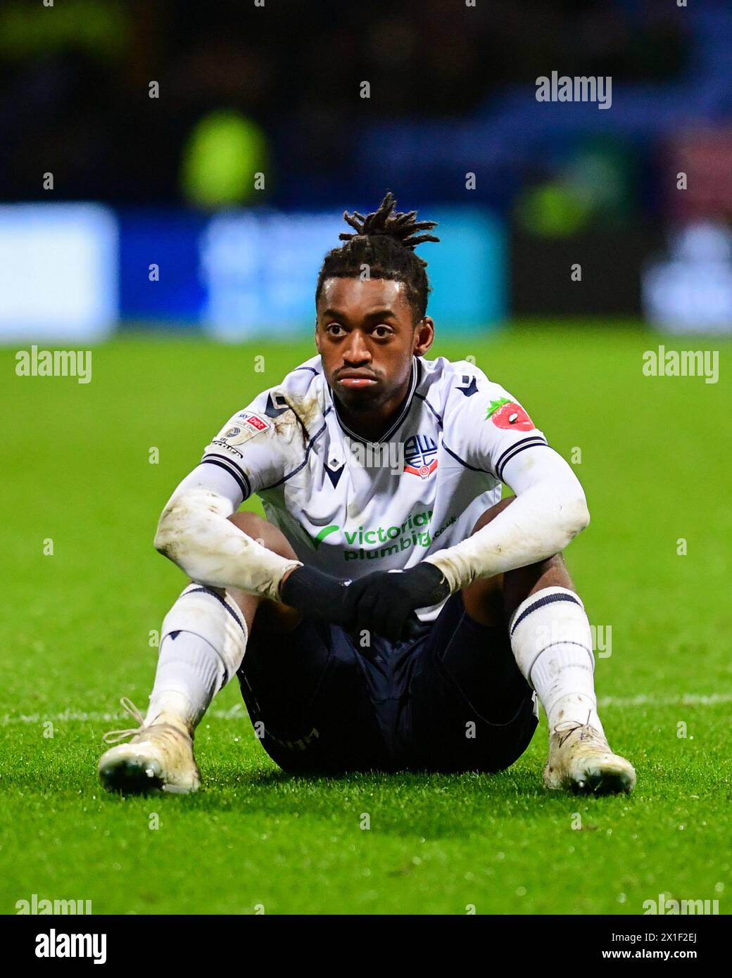 Paris Maghoma von Bolton Wanderers enttäuscht während des Spiels der Sky Bet League 1 Bolton Wanderers gegen Shrewsbury Town im Toughsheet Community Stadium, Bolton, Großbritannien, 16. April 2024 (Foto: Lloyd Jones/News Images) Stockfoto