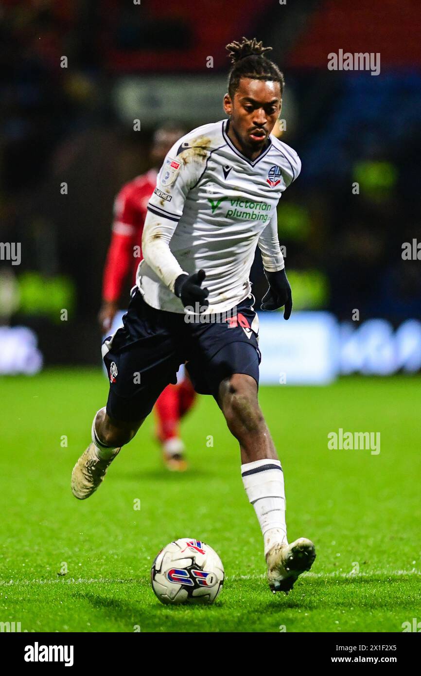 Bolton, Großbritannien. April 2024. Paris Maghoma von Bolton Wanderers macht beim Spiel der Sky Bet League 1 Bolton Wanderers gegen Shrewsbury Town im Toughsheet Community Stadium, Bolton, Vereinigtes Königreich, 16. April 2024 (Foto: Lloyd Jones/News Images) in Bolton, Vereinigtes Königreich am 16. April 2024. (Foto: Lloyd Jones/News Images/SIPA USA) Credit: SIPA USA/Alamy Live News Stockfoto