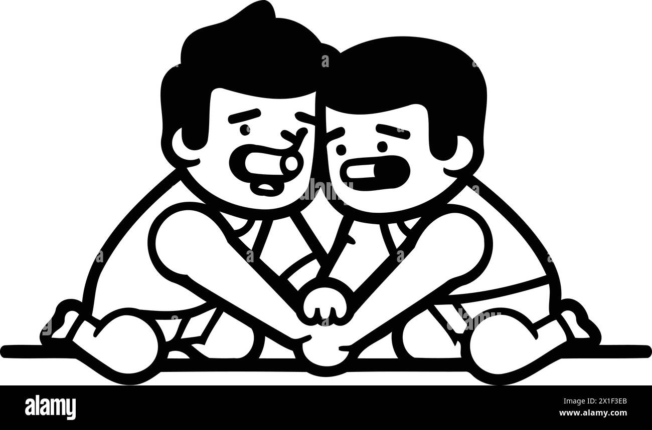 Vektor-Illustration von zwei Fußballspielern, die auf dem Boden sitzen und umarmen. Stock Vektor
