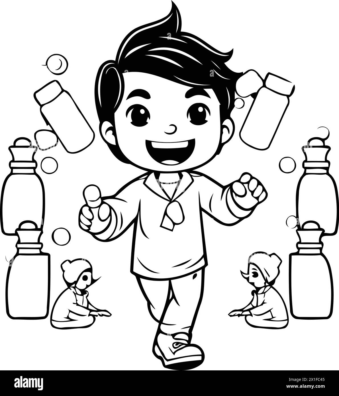 Niedliche Boy-Zeichentrickfigur mit Arzneiflaschen und Pillen. Vektorabbildung. Stock Vektor