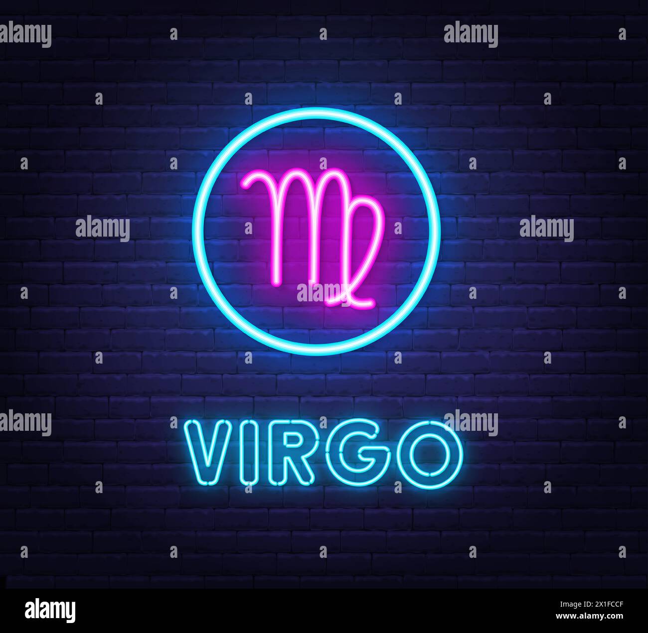 Neon Virgo Schild auf Backsteinmauerhintergrund. Stock Vektor