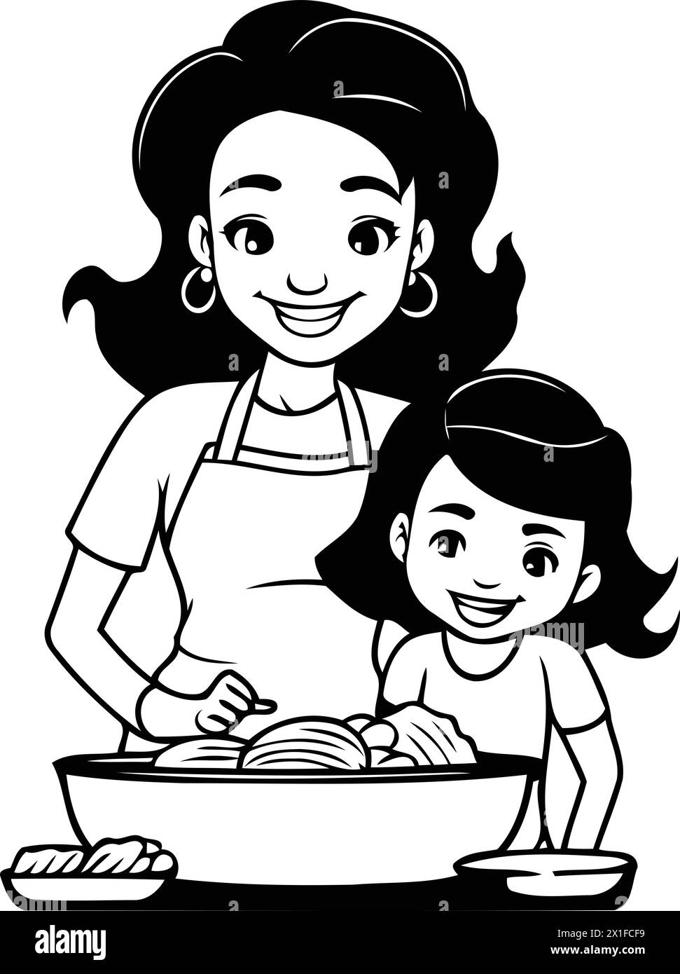 Mutter und Tochter kochen zusammen. Vektor-Illustration in flachem Cartoon-Stil. Stock Vektor