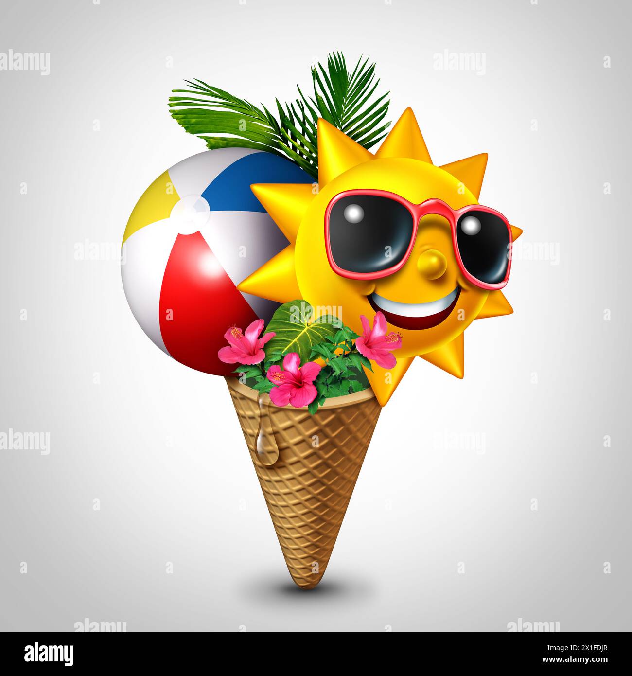 Sommer Vibes heißes saisonales Symbol als lustige Party Eisbecher für Urlaub und Reise Urlaub Festival für Juni Juli August Monate als glücklicher Sonnenfreund Stockfoto