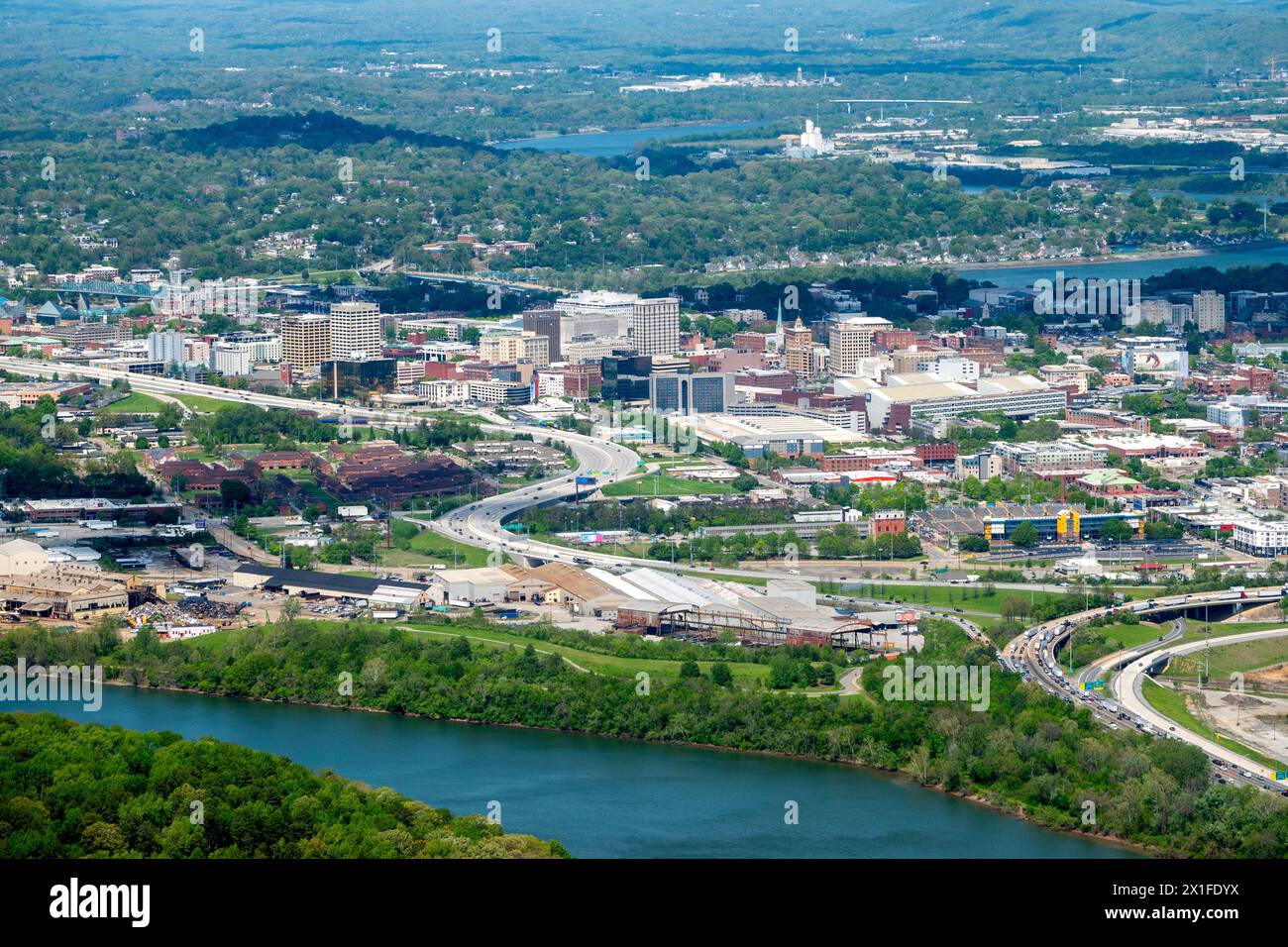 USA Tennessee Chattanooga Point Park Lookout Mountain Blick auf die Stadt Chattanooga TN aus der Vogelperspektive auf die Stadt und den Tennessee River Stockfoto