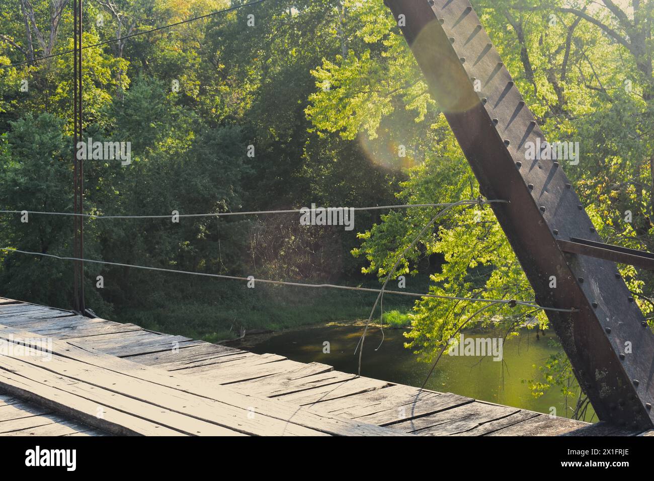 Die William's Bend Bridge, auch bekannt als Rough Holler Bridge, ist eine historische Stahlfachwerkbrücke, die den Fluss Pomme de Terre in der Nähe von Hermitage, Missouri, USA, überspannt. Stockfoto