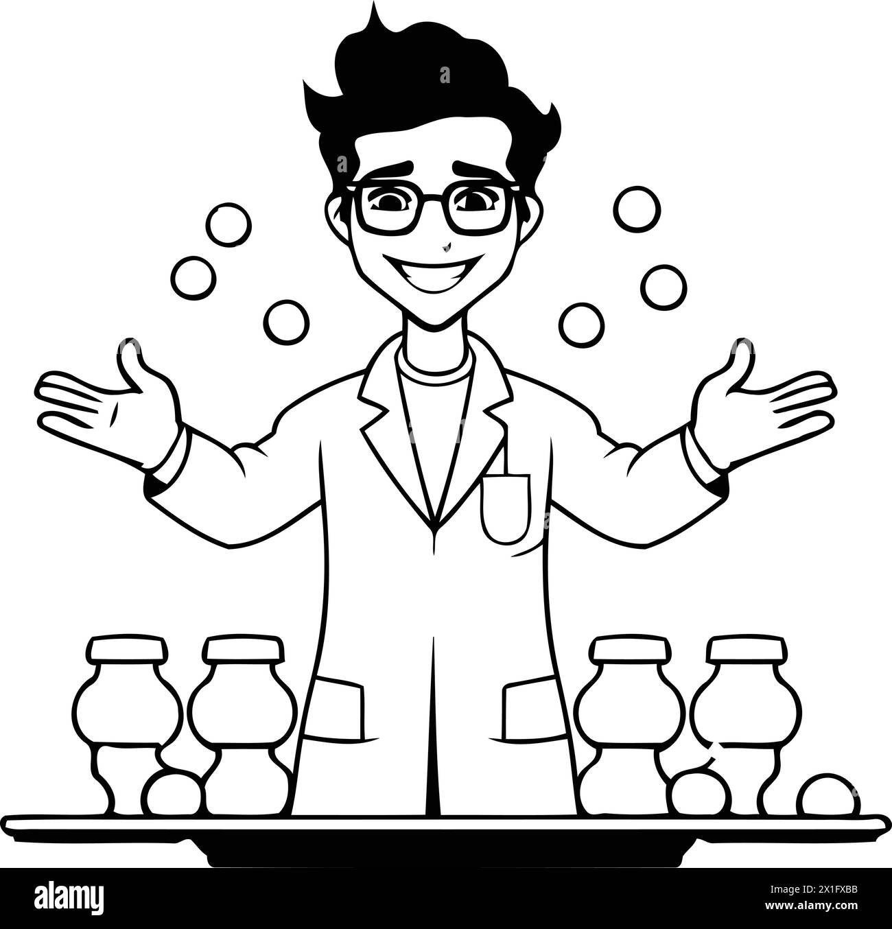 Illustration eines lächelnden Wissenschaftlers in einem Labormantel, der ein Glas voller Kirschtomaten hält. Stock Vektor