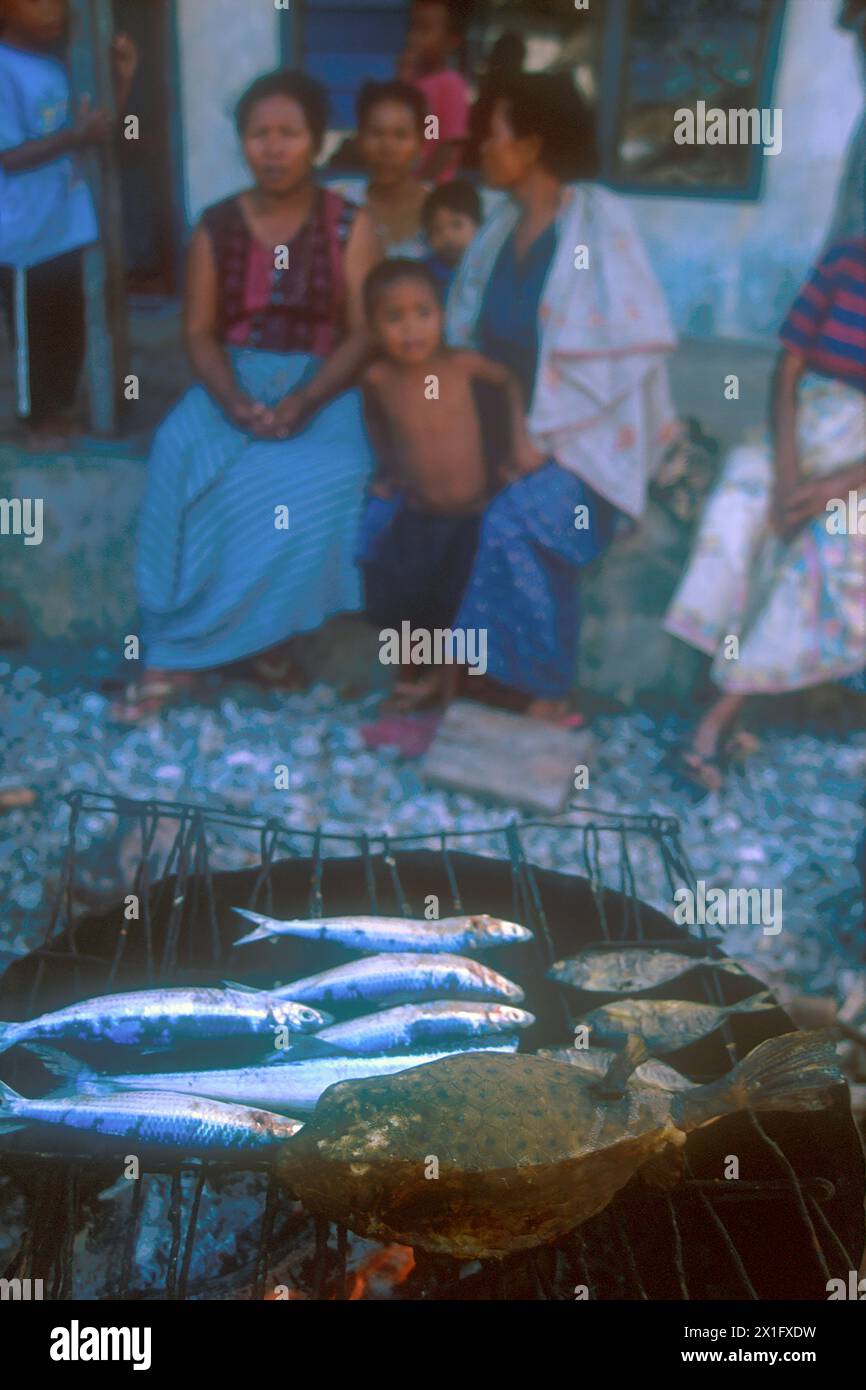 Die Dorfbewohner grillen Fisch, darunter gelbe Boxfish, Ostracion cubicus, Wakatobi Village, Sulawesi, Indonesien Stockfoto