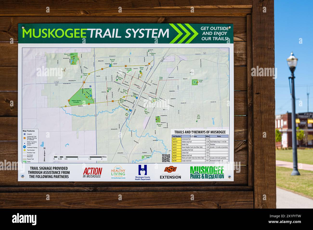 Schild für das Muskogee Trail System entlang des Centennial Trail in Depot Green im Depot District von Muskogee, Oklahoma. (USA) Stockfoto