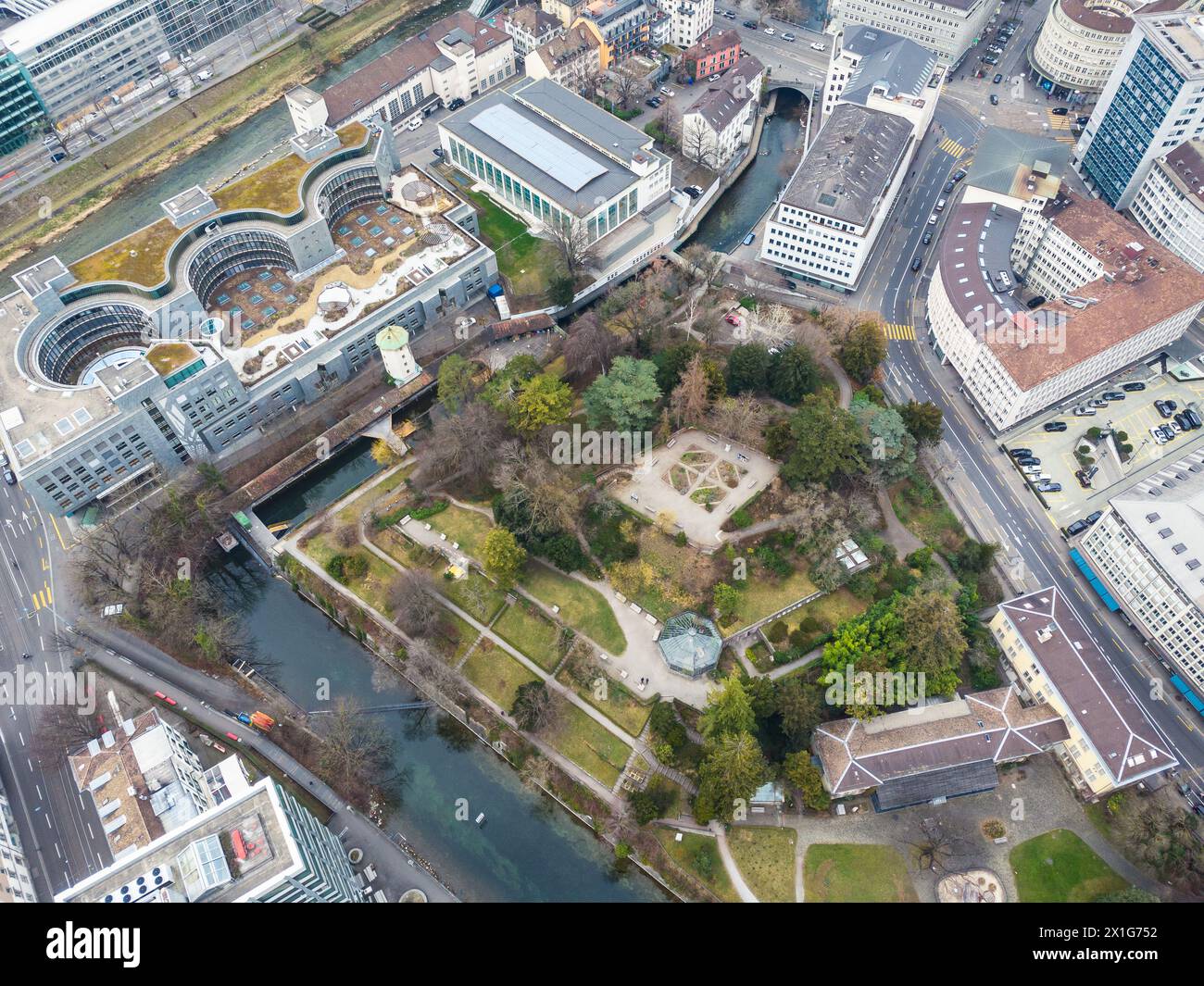 Zürich, Schweiz: Blick von oben auf den Alten Botanischen Garten in der Züricher Innenstadt in der Schweiz Stockfoto