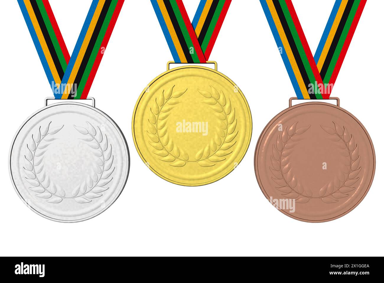 Medaillen aus Gold, Silber und Bronze, die dem Gewinner verliehen werden, dem ersten, zweiten, dritten Platz. Stockfoto