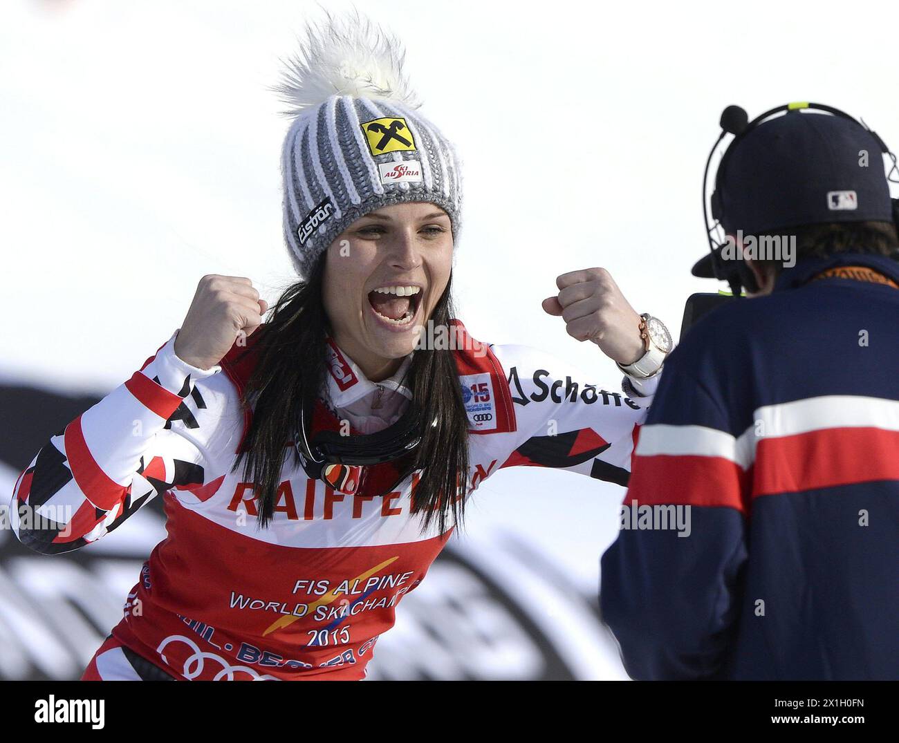 Die Österreicherin Anna Fenninger reagiert auf ihren zweiten Lauf des Riesenslalom-Rennens der Frauen bei der FIS Ski-Weltmeisterschaft in Beaver Creek, Colorado, USA, am 12. Februar 2015. - 20150212 PD10937 - Rechteinfo: Rechte verwaltet (RM) Stockfoto