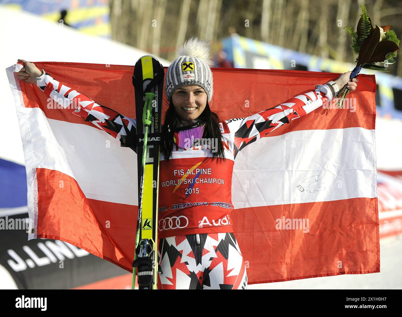 Die Österreicherin Anna Fenninger reagiert auf ihren zweiten Lauf des Riesenslalom-Rennens der Frauen bei der FIS Ski-Weltmeisterschaft in Beaver Creek, Colorado, USA, am 12. Februar 2015. - 20150212 PD10948 - Rechteinfo: Rights Managed (RM) Stockfoto