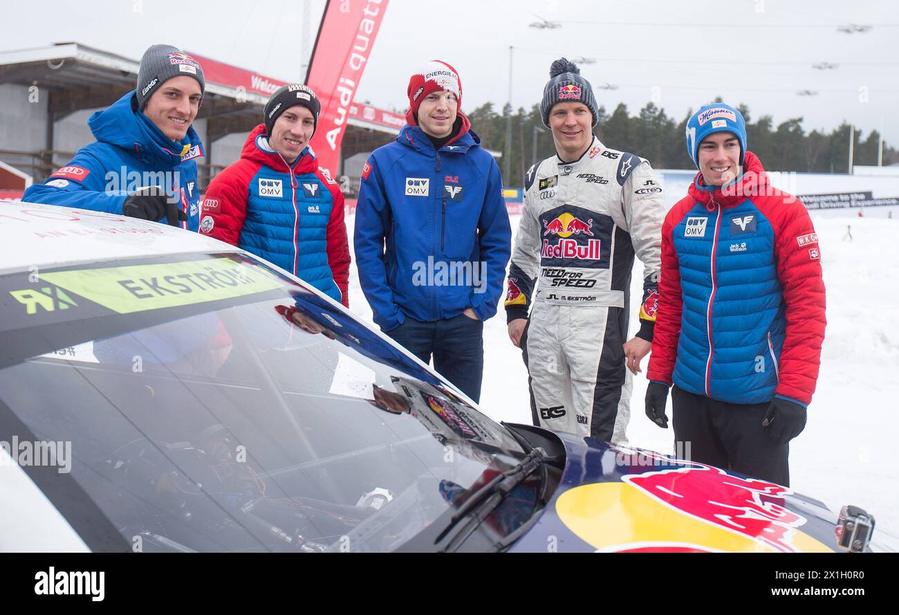 Die österreichischen Skispringer Gregor Schlierenzauer, Thomas Diethart, Michael Hayböck, der schwedische Rennfahrer Mattias Ekstroem und Stefan Kraft während des Audi Driving Experience bei den Nordischen Ski-Weltmeisterschaften in Falun, Schweden, 20. Februar 2015. - 20150223 PD1723 - Rechteinfo: Rechte verwaltet (RM) Stockfoto