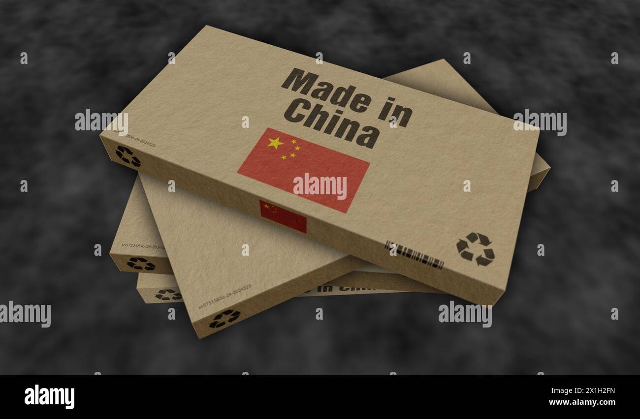 Hergestellt in China China Box Produktionslinie. Fertigung und Lieferung im VR China. Produktfabrik, Import und Export. Abstraktes Konzept 3D-Illustration. Stockfoto