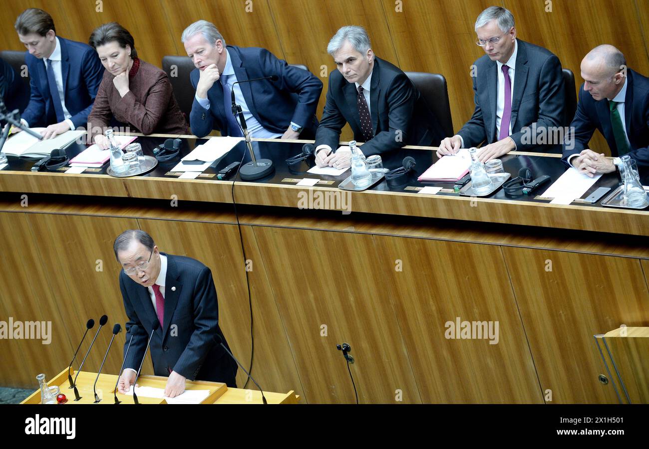 Der Generalsekretär der Vereinten Nationen, Ban Ki-moon, hält während der Tagung des österreichischen Rates am 28. April 2016 in Wien eine Rede. BILD: Ban Ki-moon - 20160428 PD0663 - Rechteinfo: Rights Managed (RM) Stockfoto