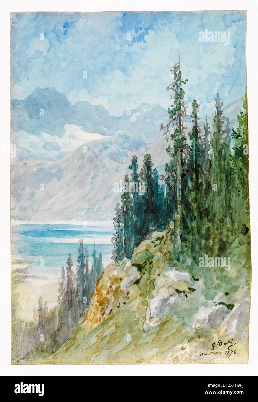 Gustave Doré, Blick auf den Genfer See bei Montreux, Landschaftsmalerei in Aquarell auf Karton, 1876 Stockfoto